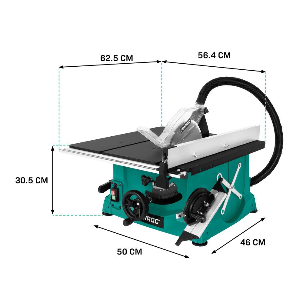 VONROC Tischkreissäge mit Führungsschiene 2000W - Tischsäge mit Staubabsaugung 5000U/min, Ø250mm - Inkl. Gehrungsführung und 60T Sägeblatt