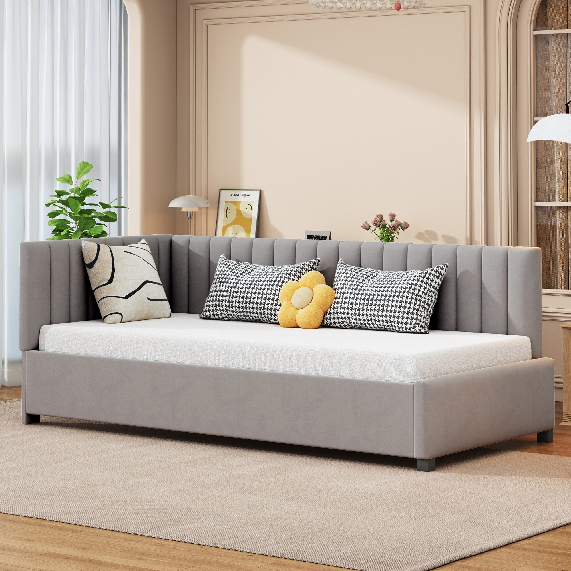 HAUSS SPOLE Schlafsofa Sofabett 90 x 200cm mit Lattenrost Hautfreundlicher Samtstoff Grau, Multifunktionsbett mit Lattenrost Hautfreundlicher Samtstoff, ohne Matratze