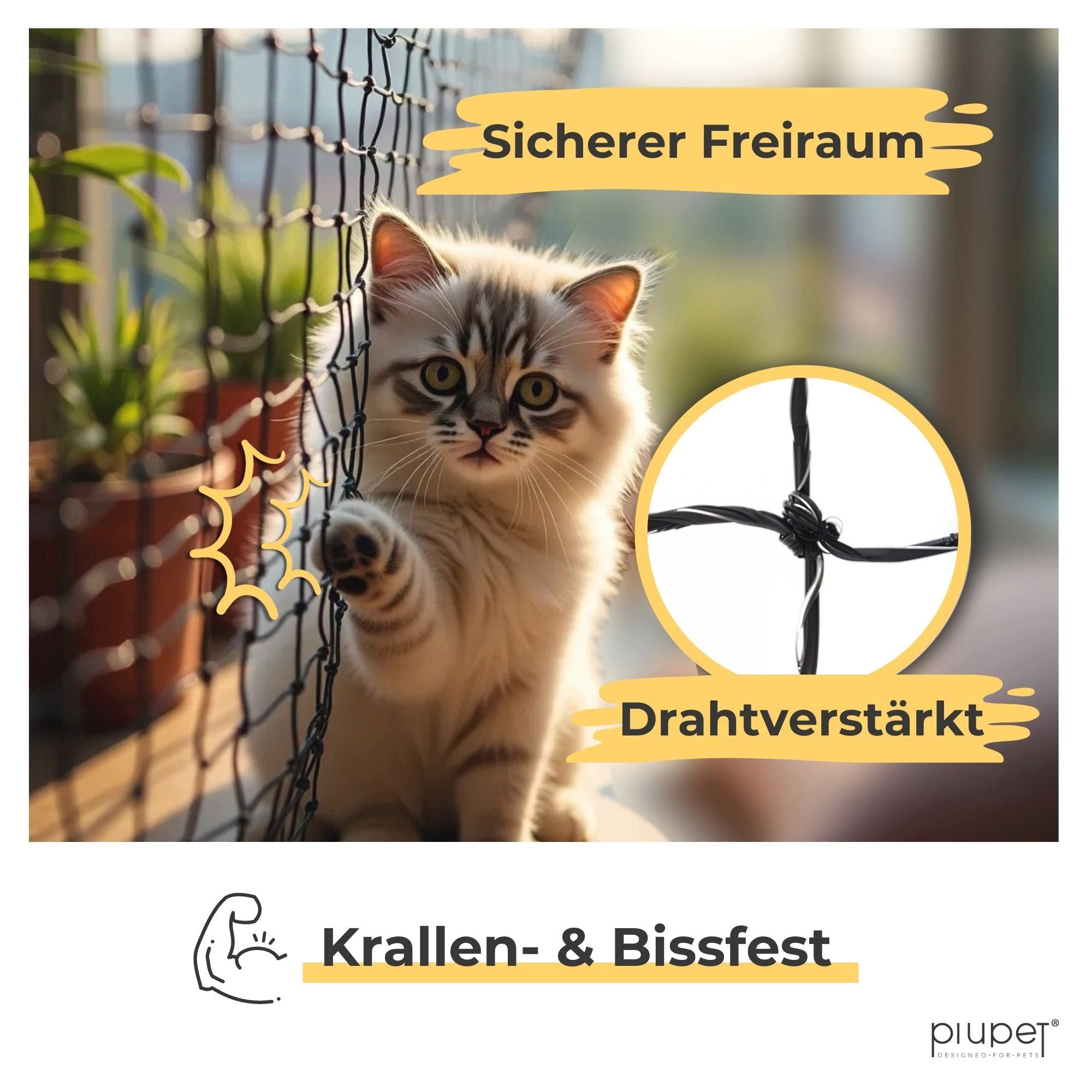 Piupet Tiersicherheitsnetz Katzennetz Drahtverstärkt I Befestigungsset inkl. I Balkon & Fenster