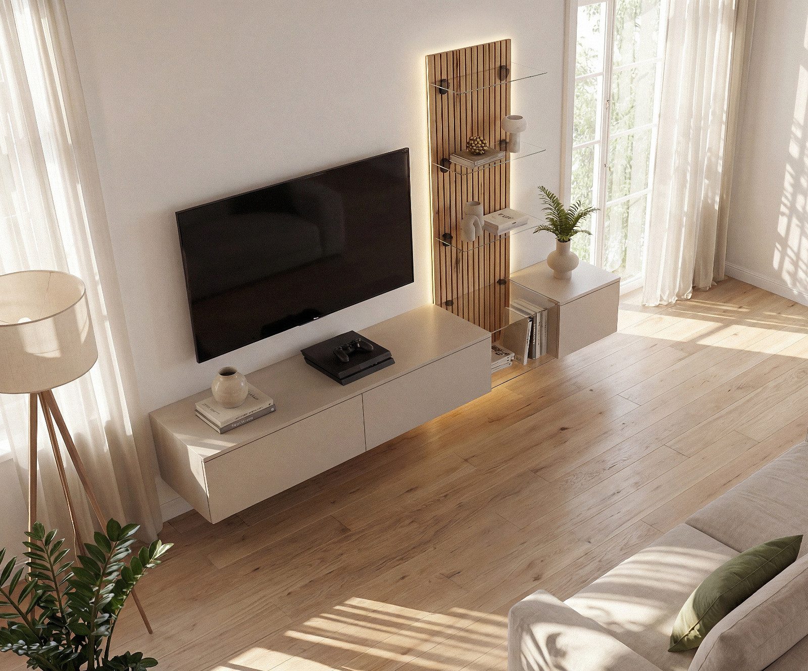 Furn.Design Wohnwand Clay, (TV Wand hängend in Grau / Lehmgrau mit Eiche, Breite 220 cm), mit Push-To-Open, Soft-Close und LED Beleuchtung