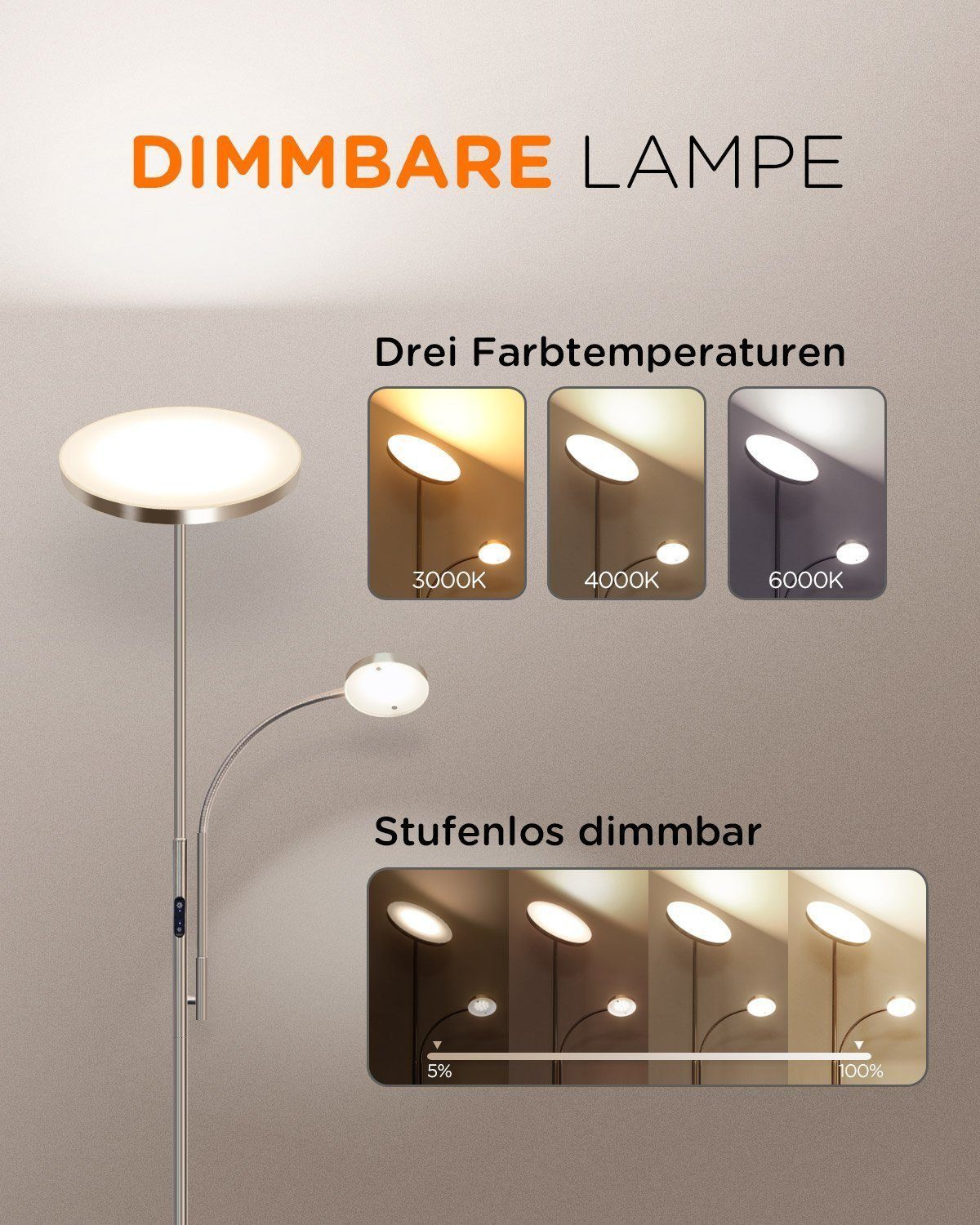 Tomons LED Stehlampe Stehleuchte Stufenlos Dimmbar, verstellbare Leselampe, LED fest integriert