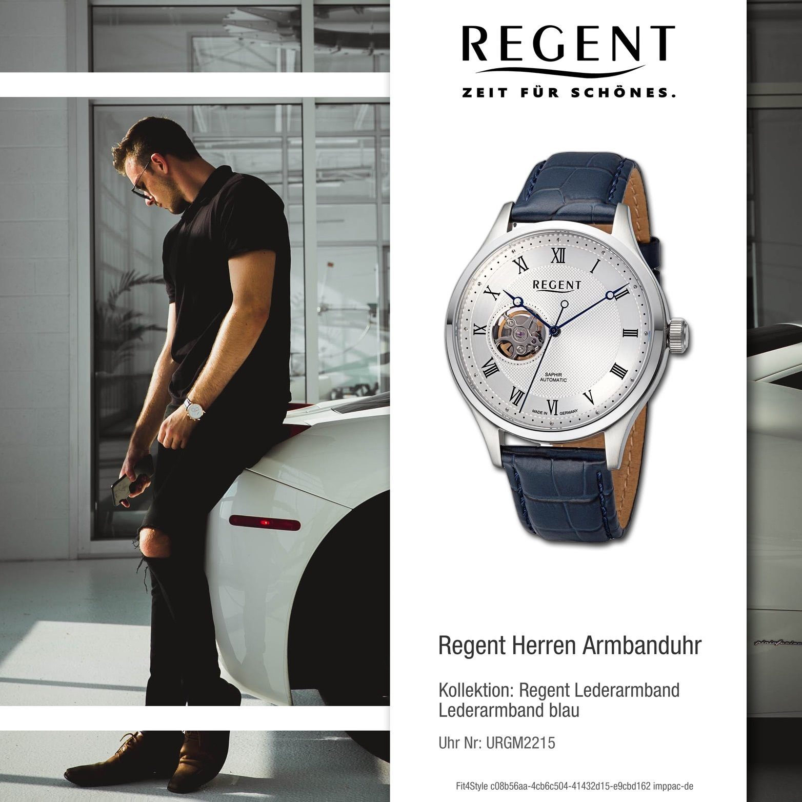 Regent Quarzuhr blau, rundes Lederarmband 42mm) extra Herren Regent Analog, (ca. groß Armbanduhr Gehäuse, Herrenuhr