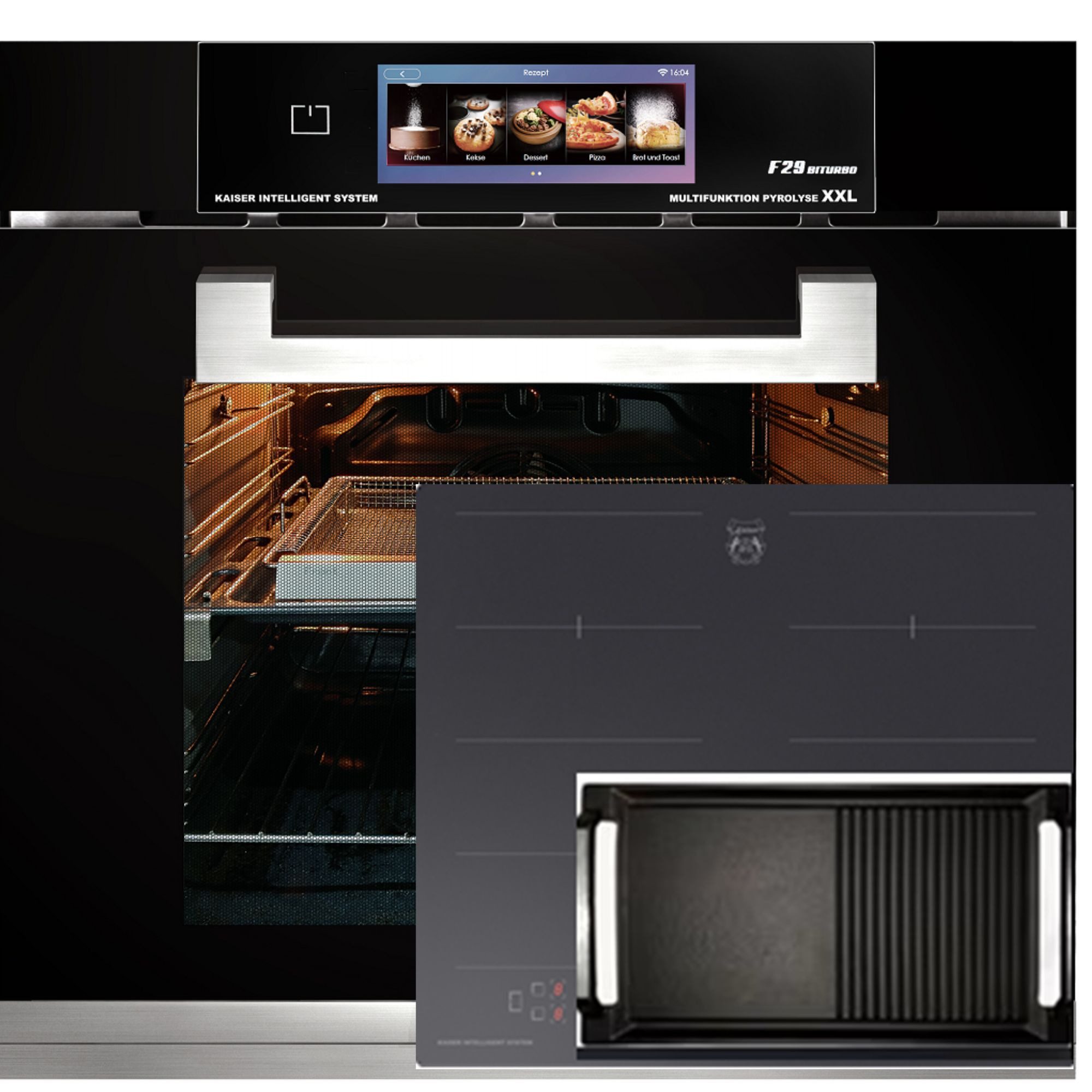 Kaiser Küchengeräte Backofen-Set Herd Set Autark Multifunktions-Elektro-Backofen mit Pyrolyse und Dampfreinigung, TFT Display, 60cm, 86L,Air Fry+Induktions Kochfeld Autark Herd Power Booster 60 cm Anti Scratch/ matt++Grillplatte EH 6344 N+KCT 6110 FI+Grillplatte, mit 1-fach-Teleskopauszug