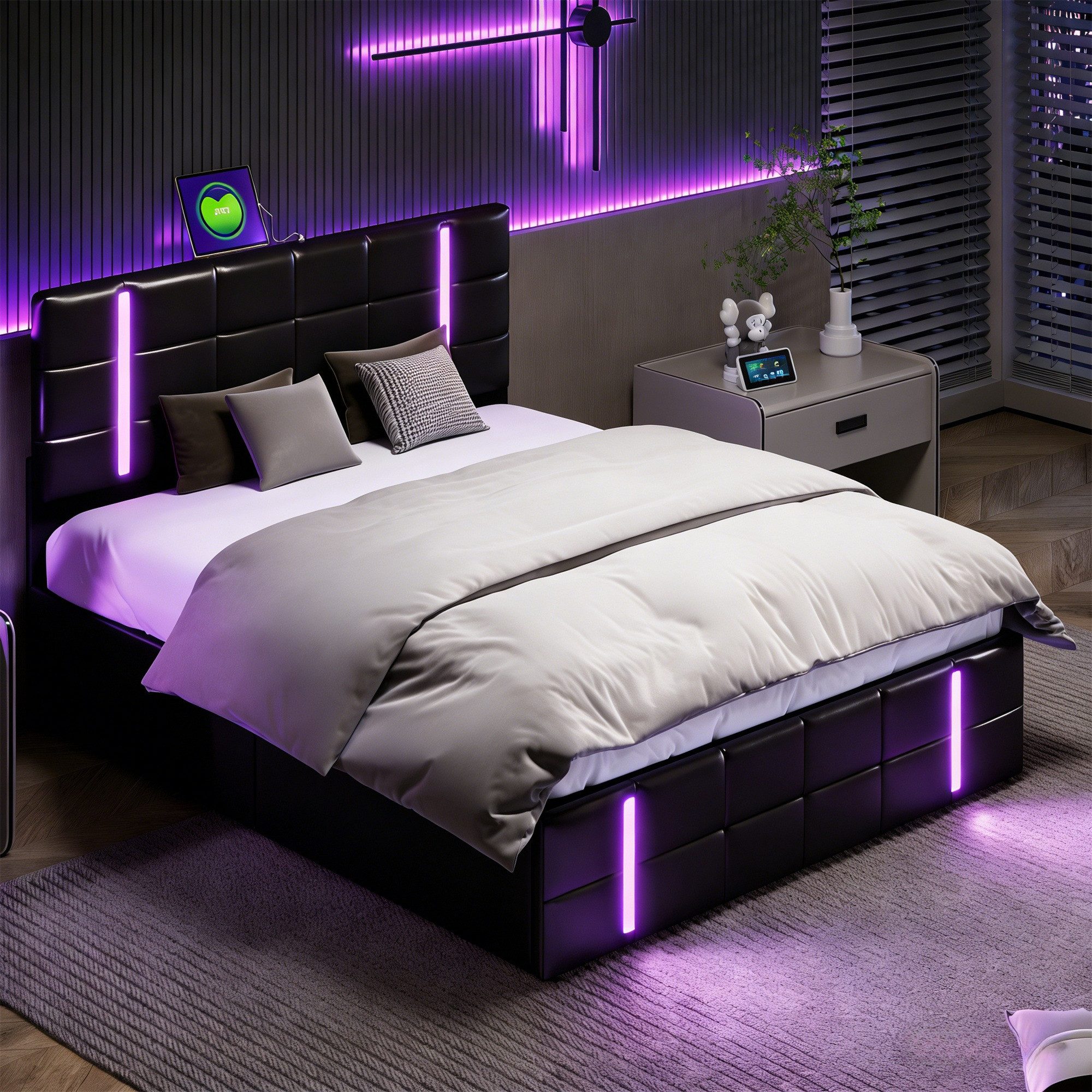Furnishings Home Polsterbett Stauraumbett Doppelbett Ladefunktion (Set, Hydraulisch anhebbarer Bettstauraum), Mit LED-Beleuchtung, USB & TYPE-C, Kunstleder, 140x200 cm