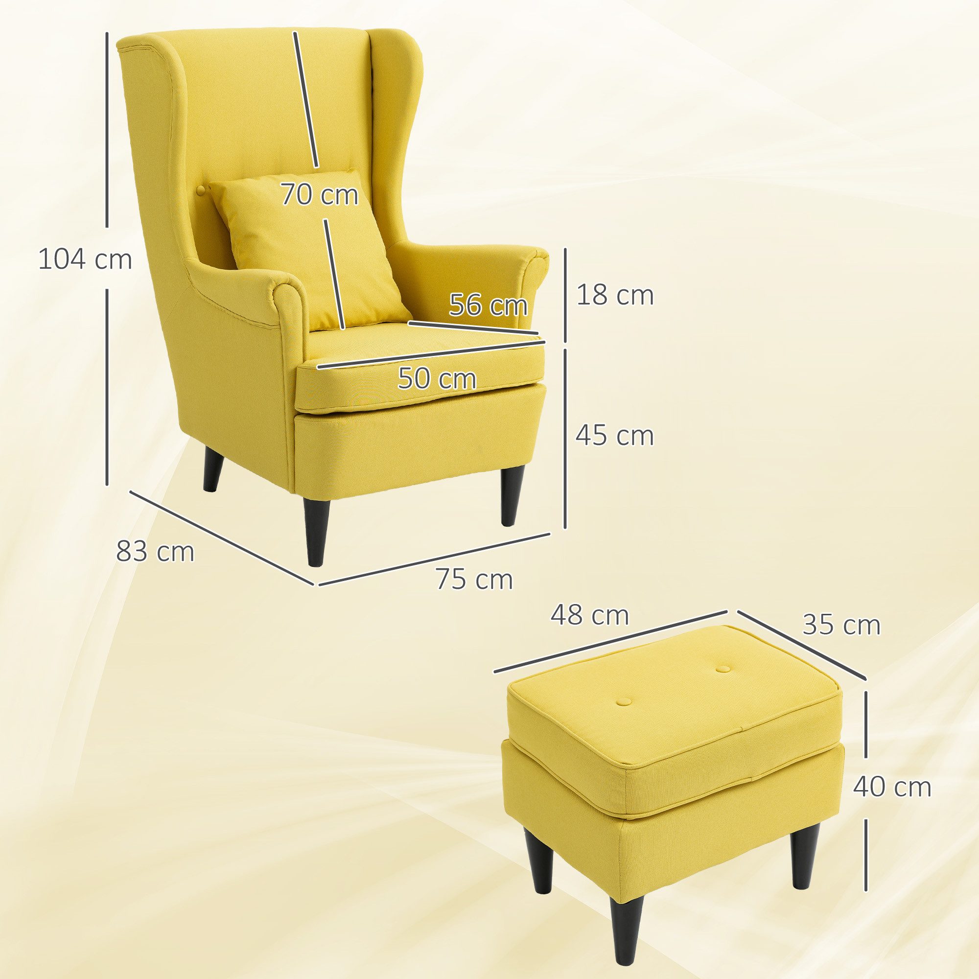 HOMCOM Relaxsessel Leinenoptik Lendenkissen Loungesessel (Set, 2-St., bestehend aus Sessel und Hocker), für Wohnzimmer Schlafzimmer Gelb