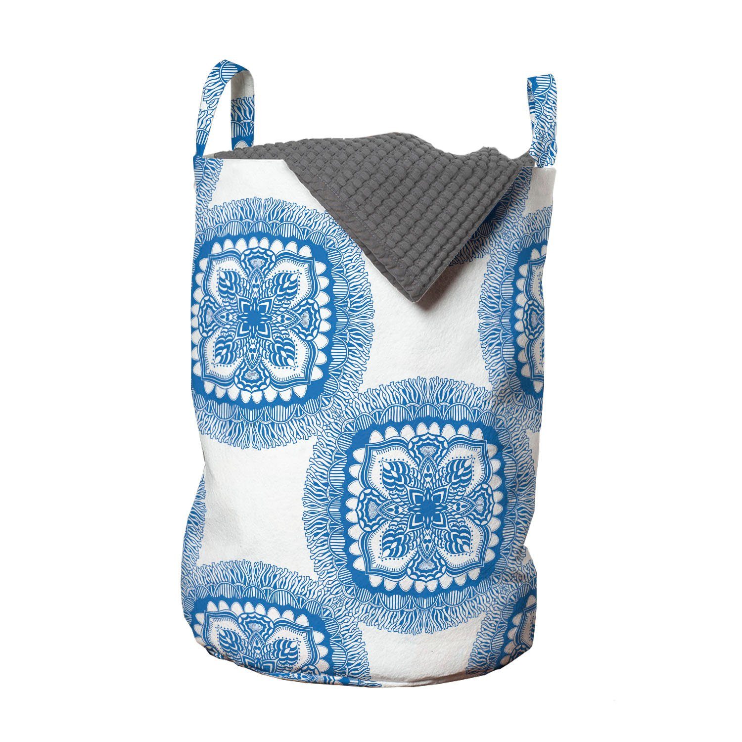 Abakuhaus Wäschesäckchen Wäschekorb mit Griffen Kordelzugverschluss für Waschsalons, Blauer Mandala Oriental Blumenmotiv