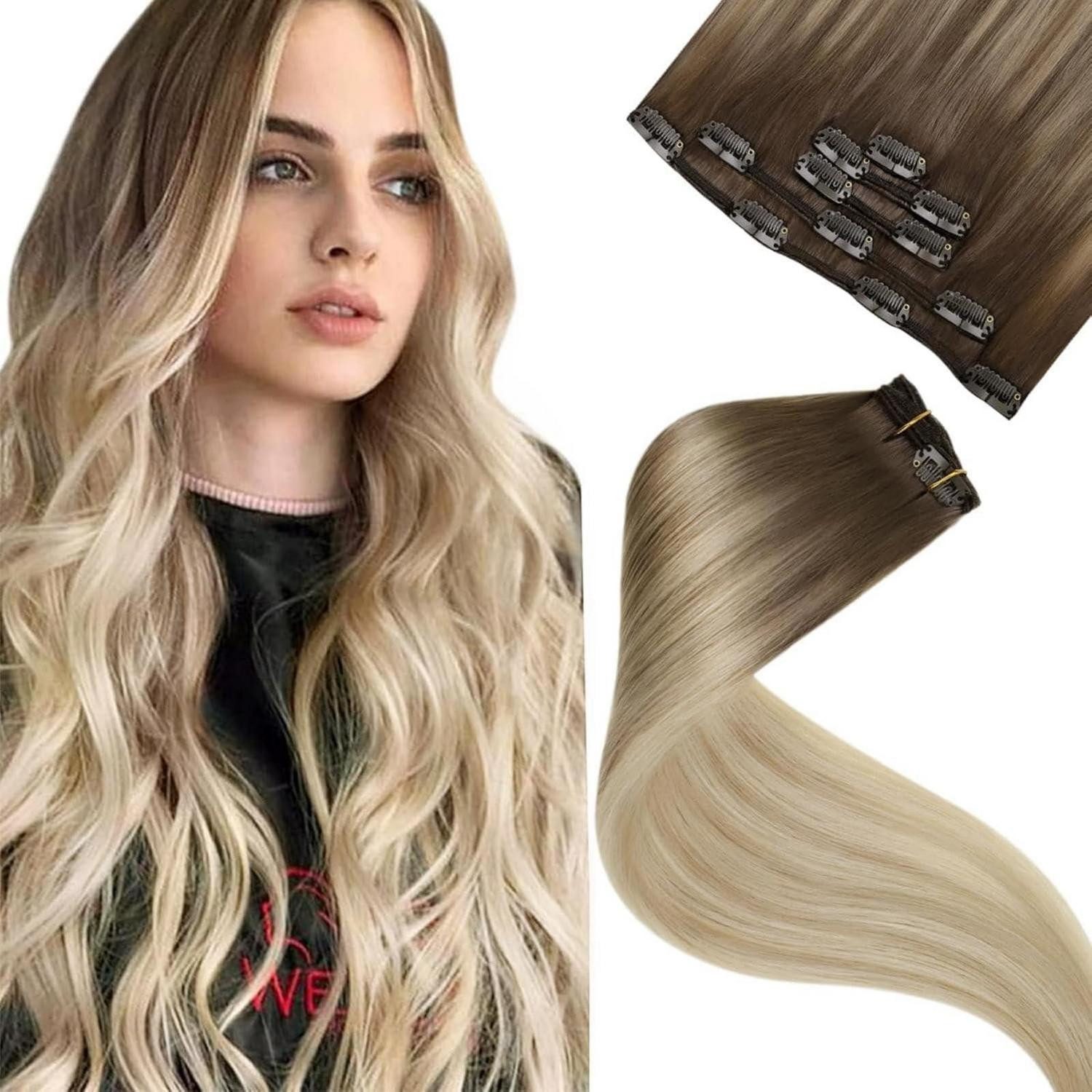 Echthaar-Extension Extensions Echthaar Clip Balayage Blond Ombre 45cm-5PCS 2.2#8 18 60