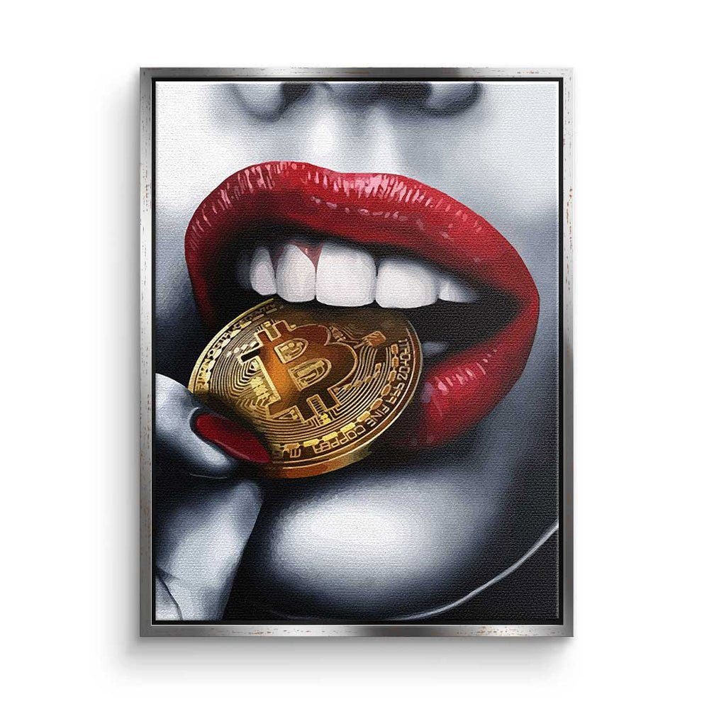 DOTCOMCANVAS® Leinwandbild Bitcoin Girl, Leinwandbild Bitcoin girl Crypto Münze elegant Erotik rote Lippen mit silberner Rahmen