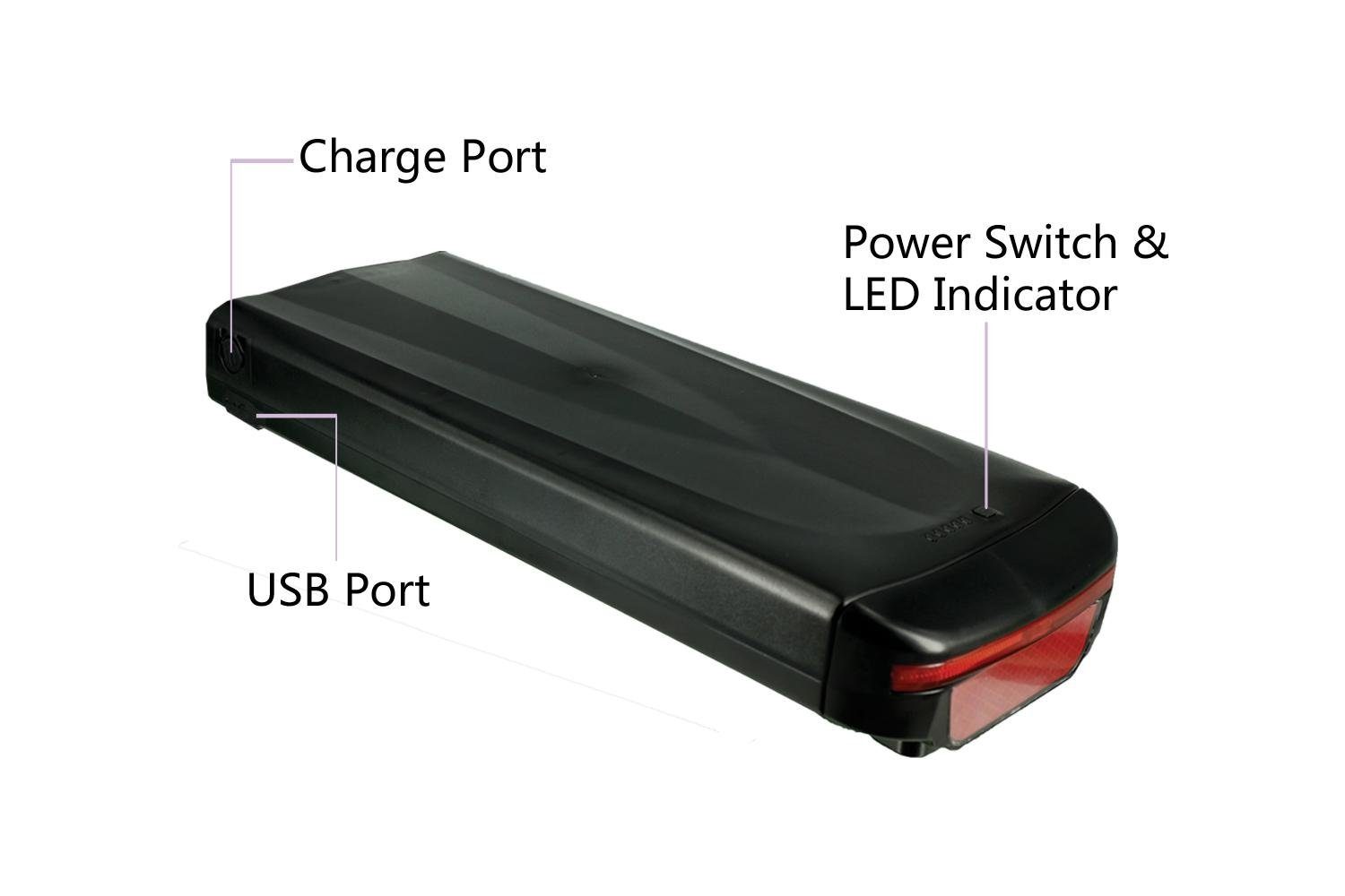 Elektrofahrrad Lithium-ion PowerSmart Batterie für Gepäckträger 13000 (36 mAh (13Ah/468Wh) und V) (Li-ion) e-bike LEB37TPV63B.826 E-Bike Akku