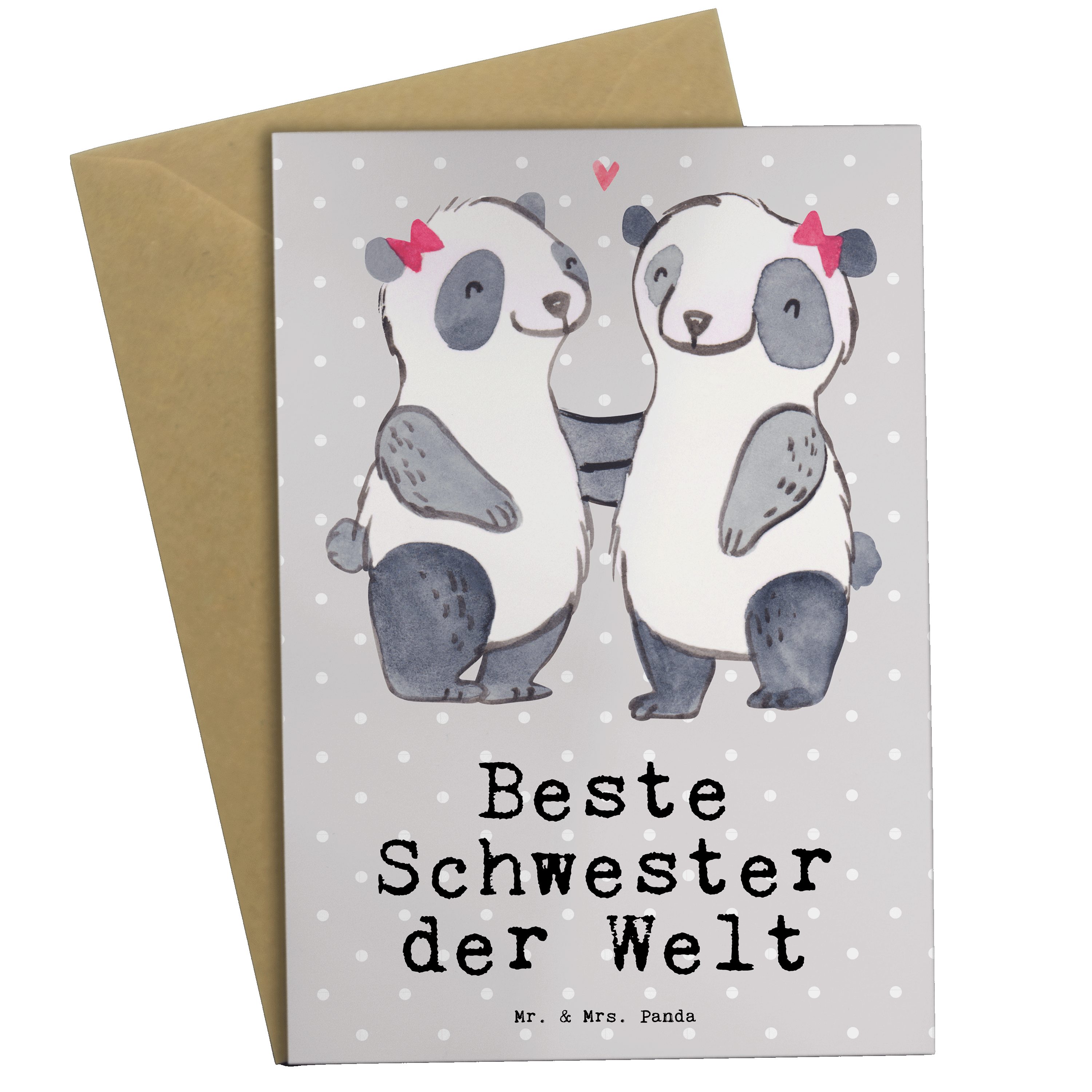 Mr. & Mrs. Panda Grußkarte Panda Beste Schwester der Welt - Grau Pastell - Geschenk, Einladungsk