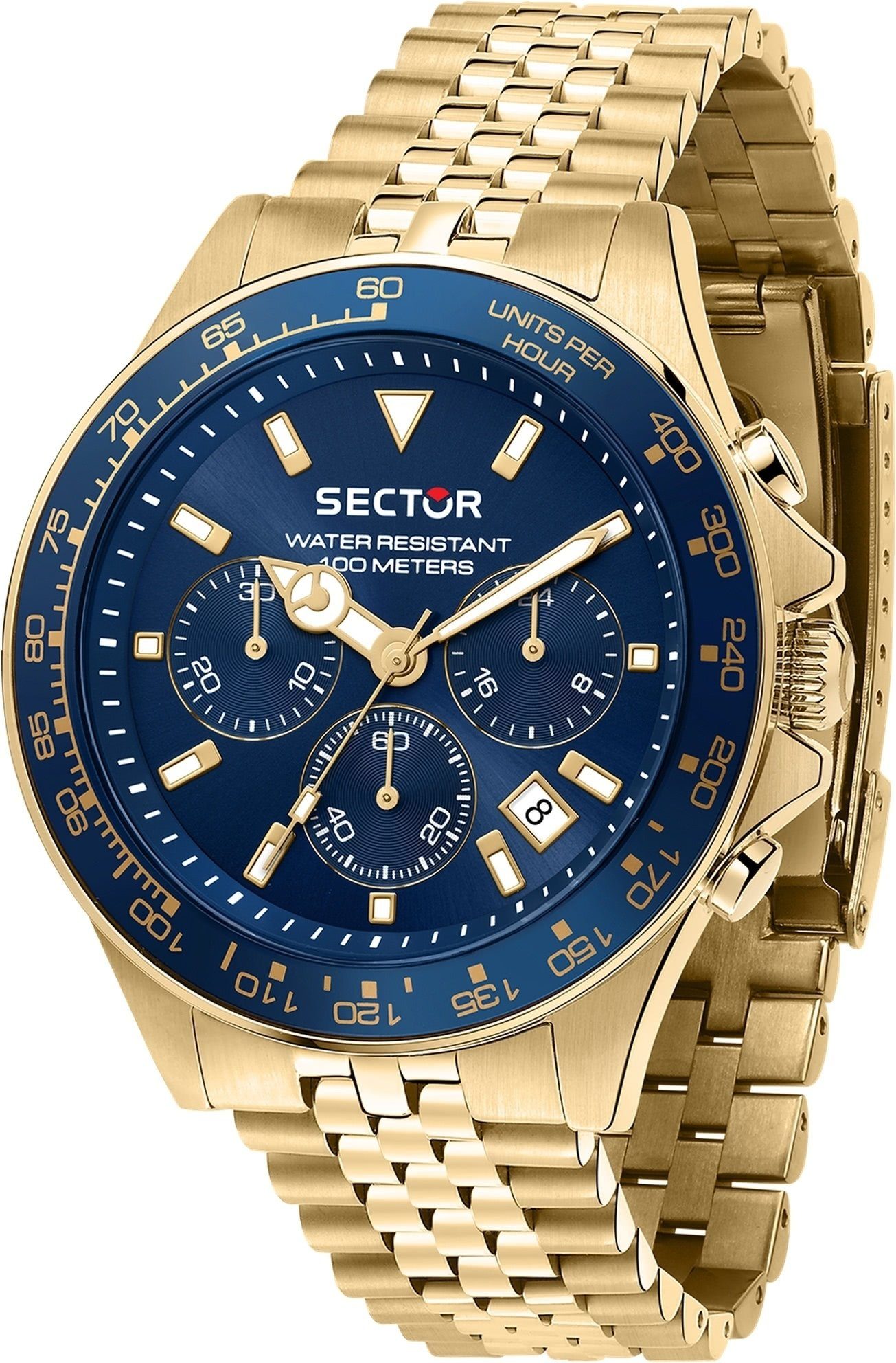Sector Chronograph Sector Herren Armbanduhr Chrono, Herren Armbanduhr rund, groß (43mm), Edelstahlarmband gold, Fashion