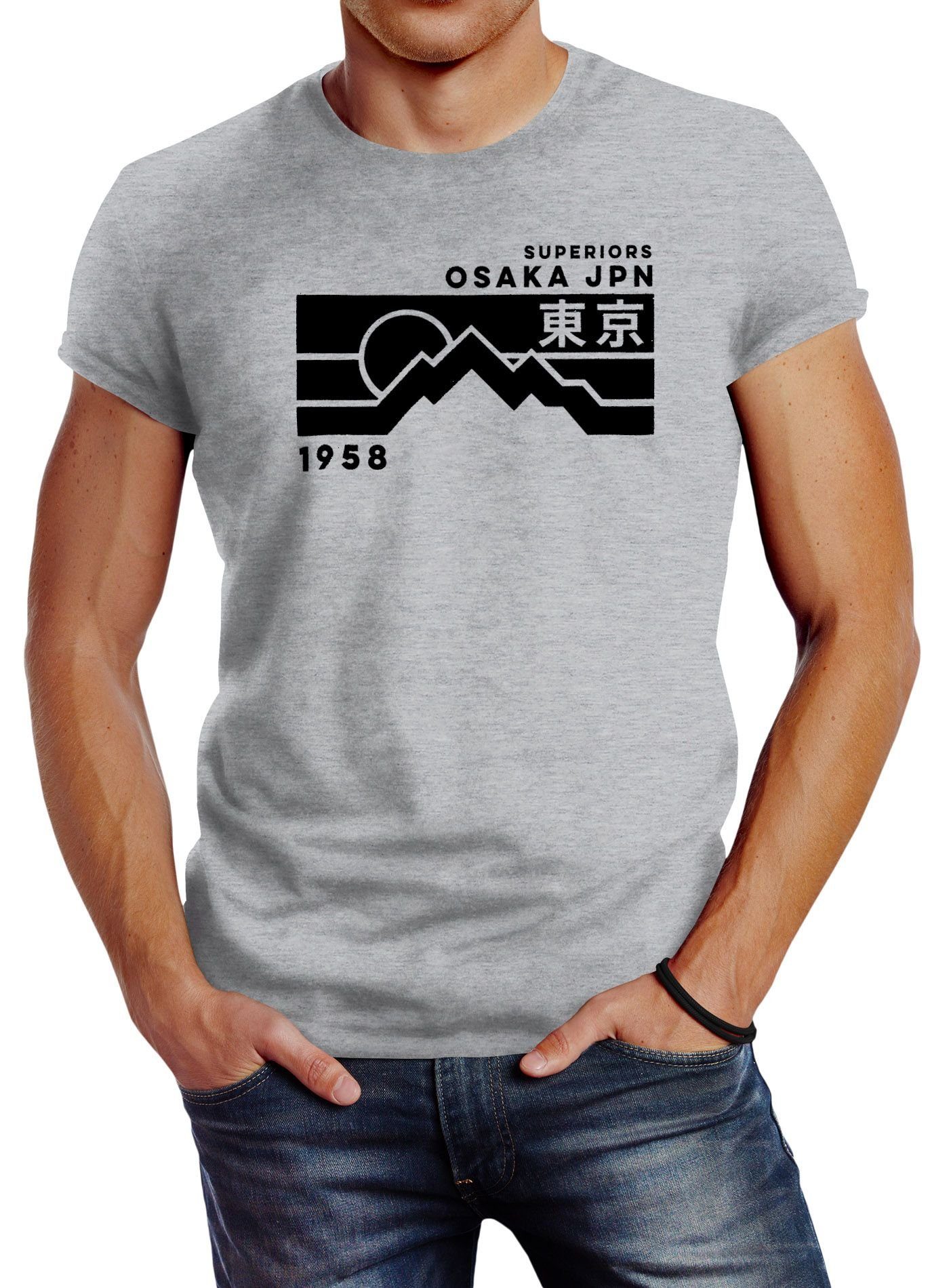 Neverless Print-Shirt Retro Design Print grau T-Shirt Osaka Superiors Japan Neverless® Herren Printshirt Mountain mit