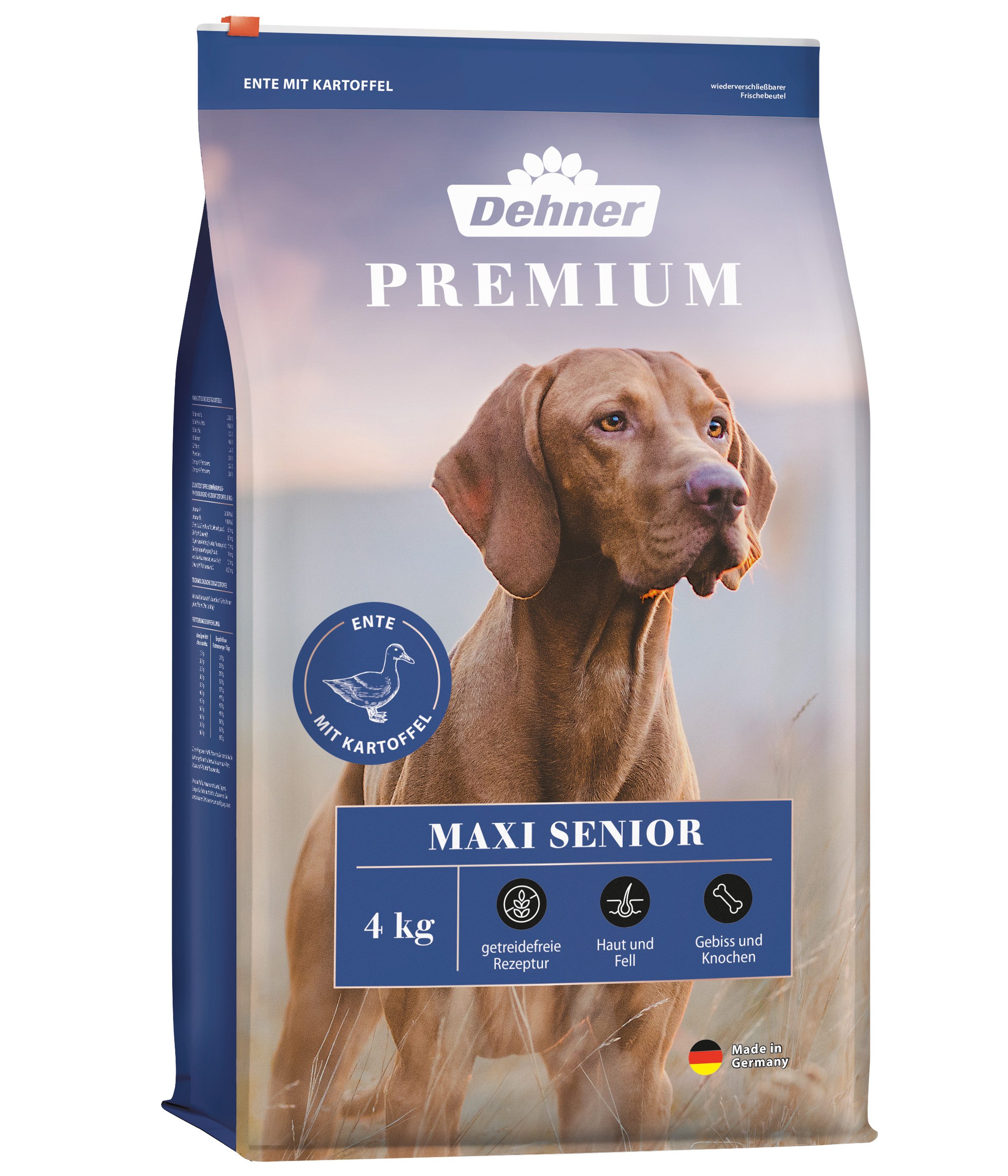 Dehner Premium Maxi Senior Ente / Kartoffel, 4 kg / 12.5 kg, getreidefrei Ente, Trockenfutter für: Hunde, Trockenfutter für ältere Hunde großer Rassen
