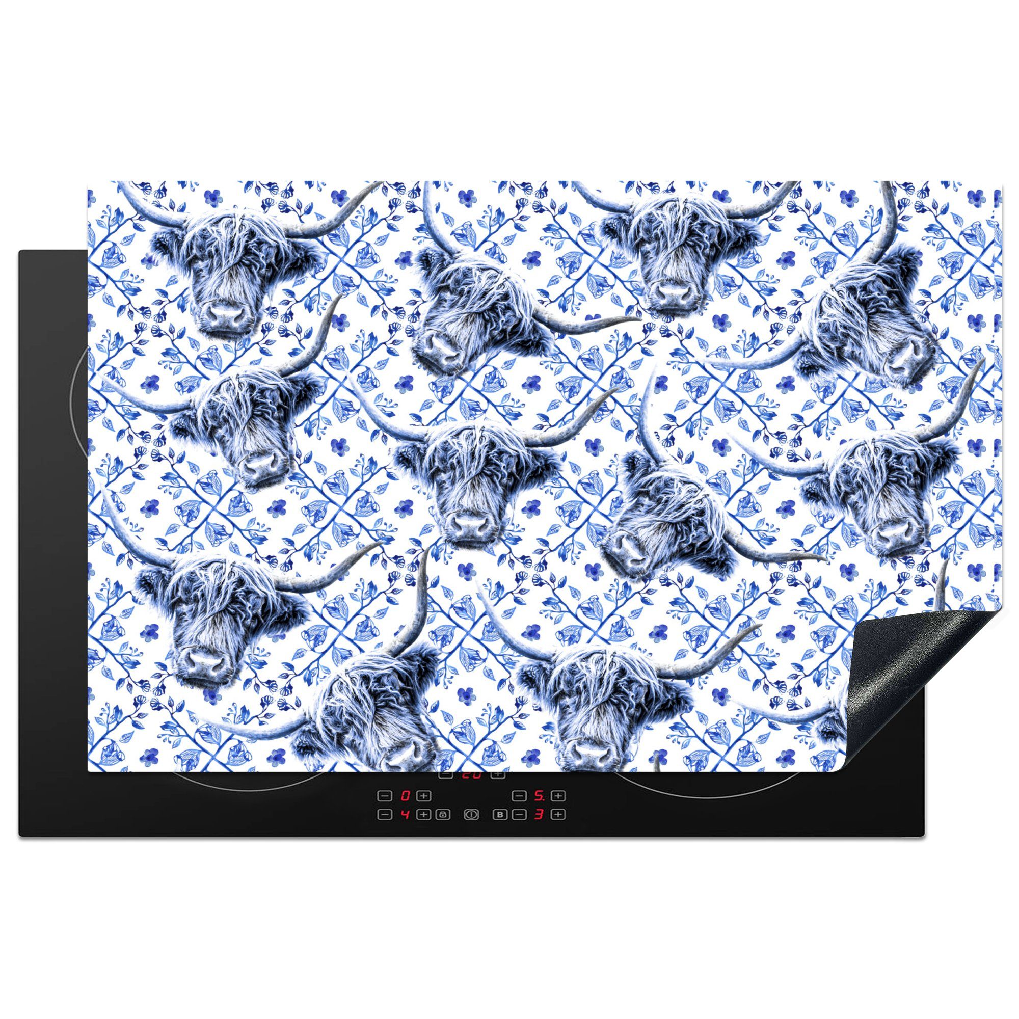 MuchoWow Herdblende-/Abdeckplatte Schottischer Highlander - Delfter Blau - Muster, Vinyl, (1 tlg), 81x52 cm, Induktionskochfeld Schutz für die küche, Ceranfeldabdeckung