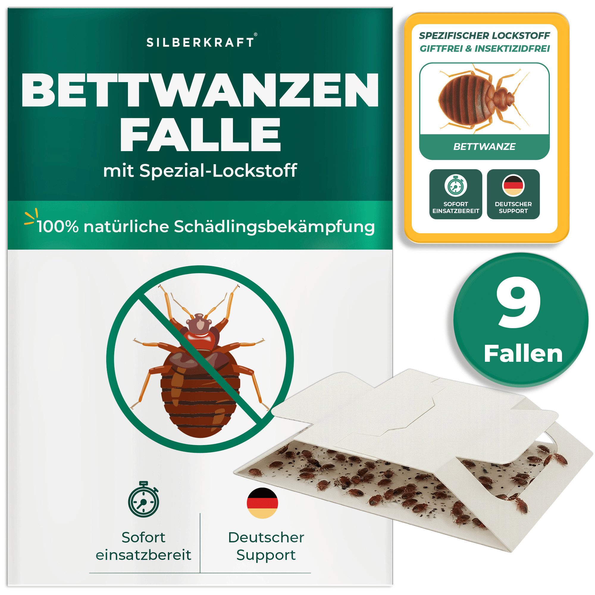Silberkraft Insektenfalle Bettwanzenfalle mit Spezial-Lockstoff Frühzeitige Befallsüberwachung, Biozidfrei & Geruchslos Extrastarke klebefläche Gezielte Anlockung