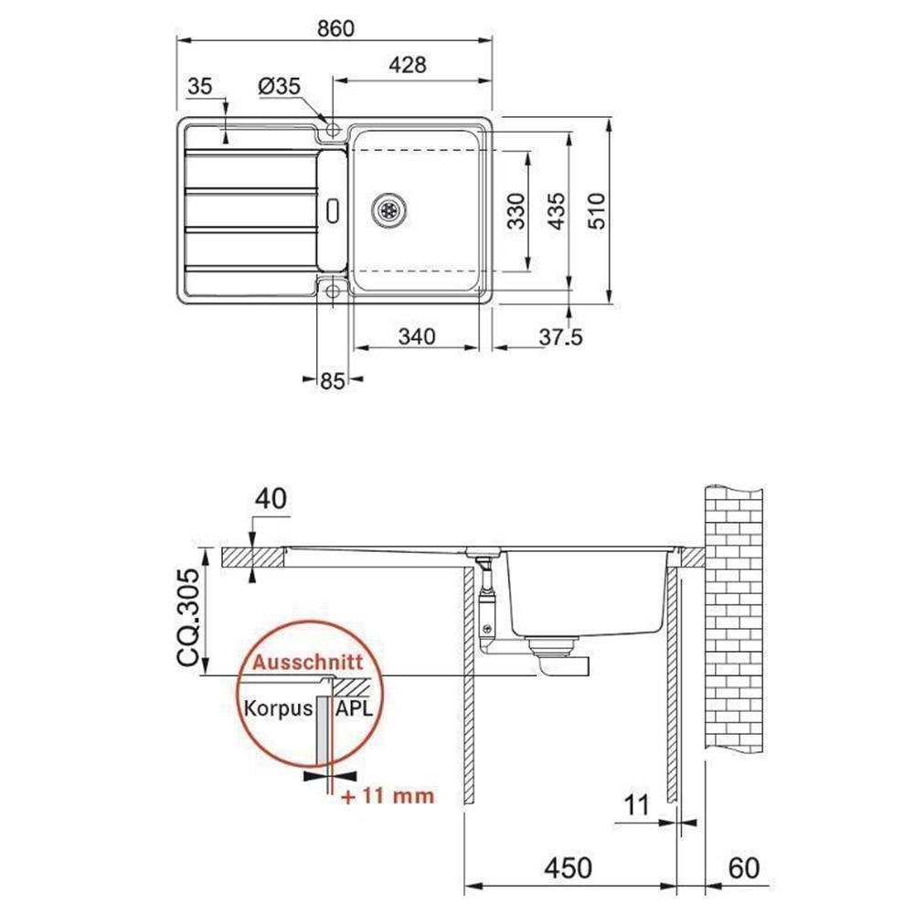 214 cm 86/51 FRANKE glatt, Franke HDX Edelstahl Druckknopfventil, Edelstahlspüle Einbauspüle Hydros