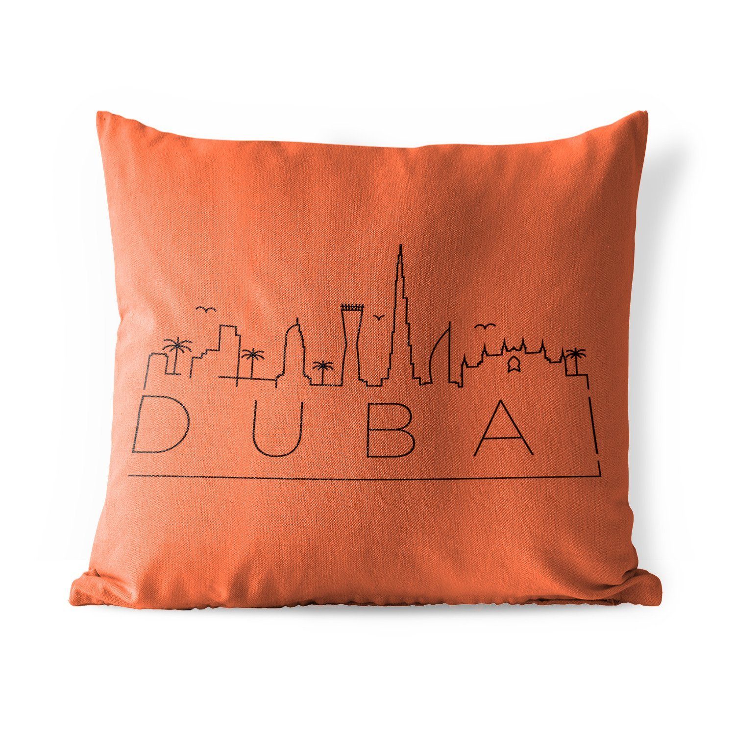 MuchoWow Dekokissen Skyline "Dubai" schwarz auf orange, Kissenbezüge, Kissenhülle, Dekokissen, Dekokissenbezug, Outdoor