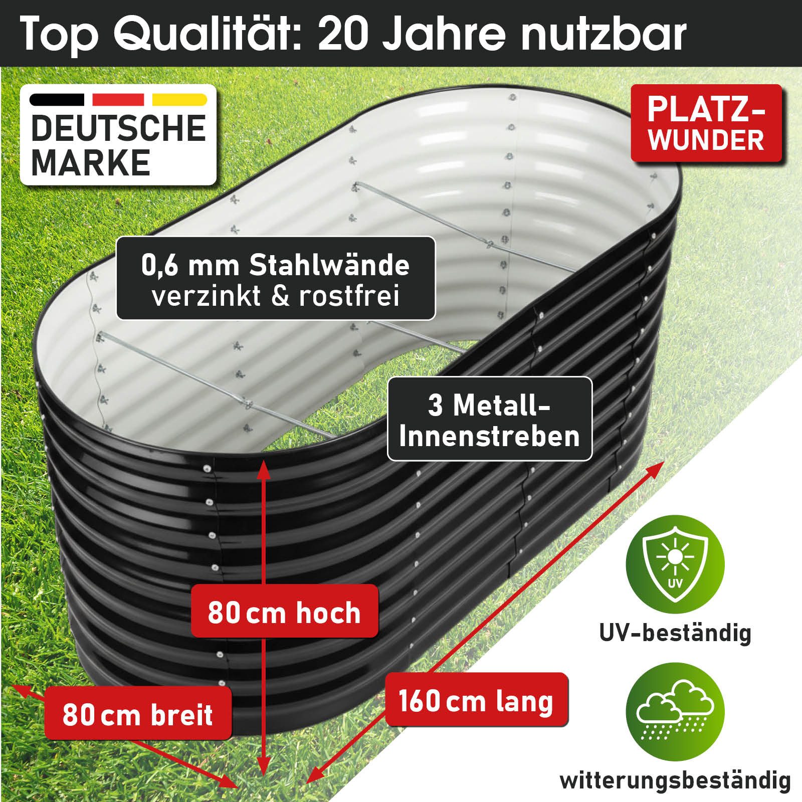 BRAST Hochbeet Metall Julia, 160x80x80-400x80x80cm, 8 Modelle, viel Zubehör (wetterfest ovale Form, für Gemüse Obst Kräuter & Blumen), Stahl rostfrei & verzinkt