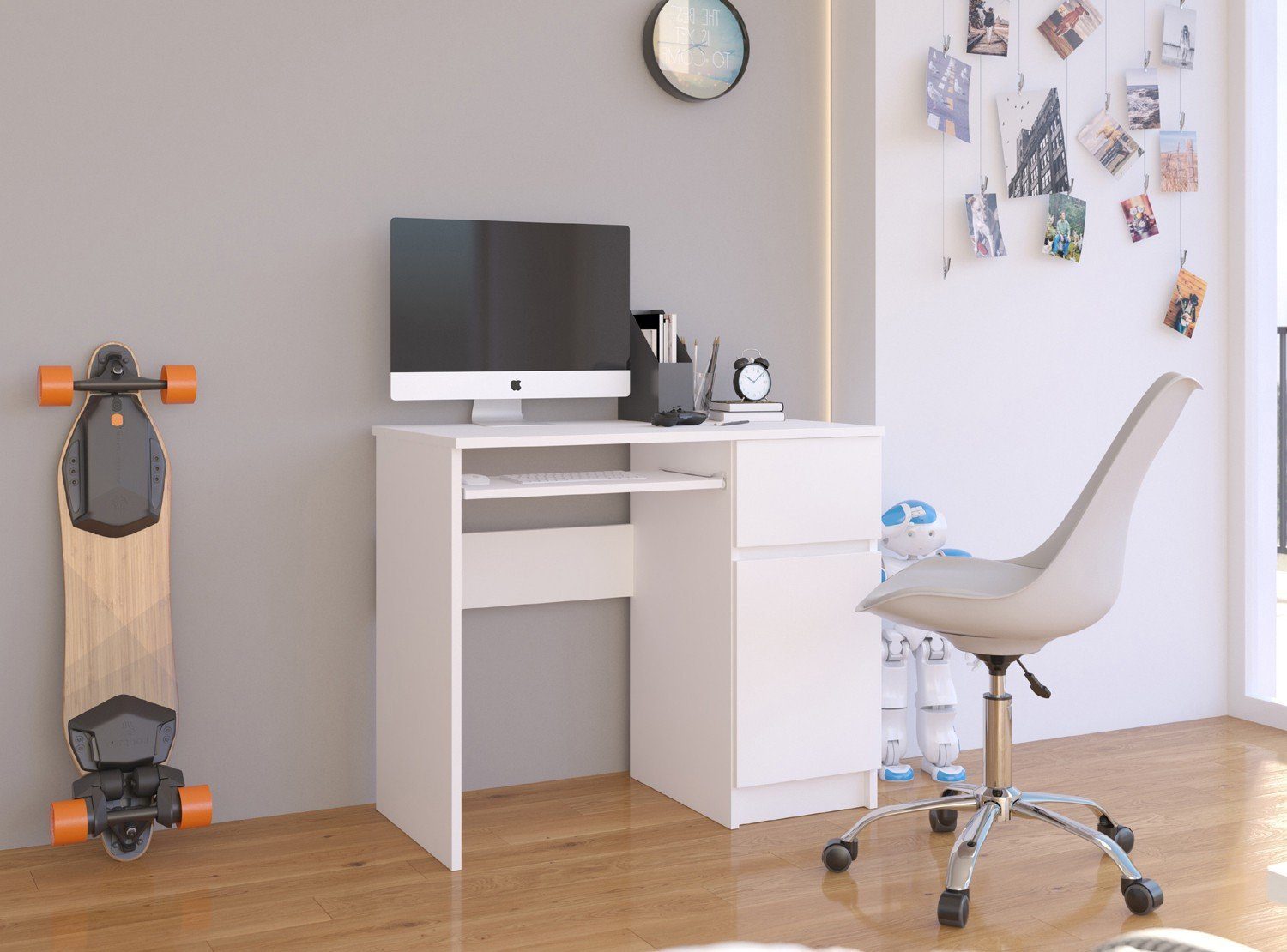 Tastaturablage, Regalen Home ausziehbaren Bürotisch, mit weiß, Laminatplatte Schublade, Fächer ABS-Kante, und rechts Computertisch 1 2 mit abriebfeste Collective