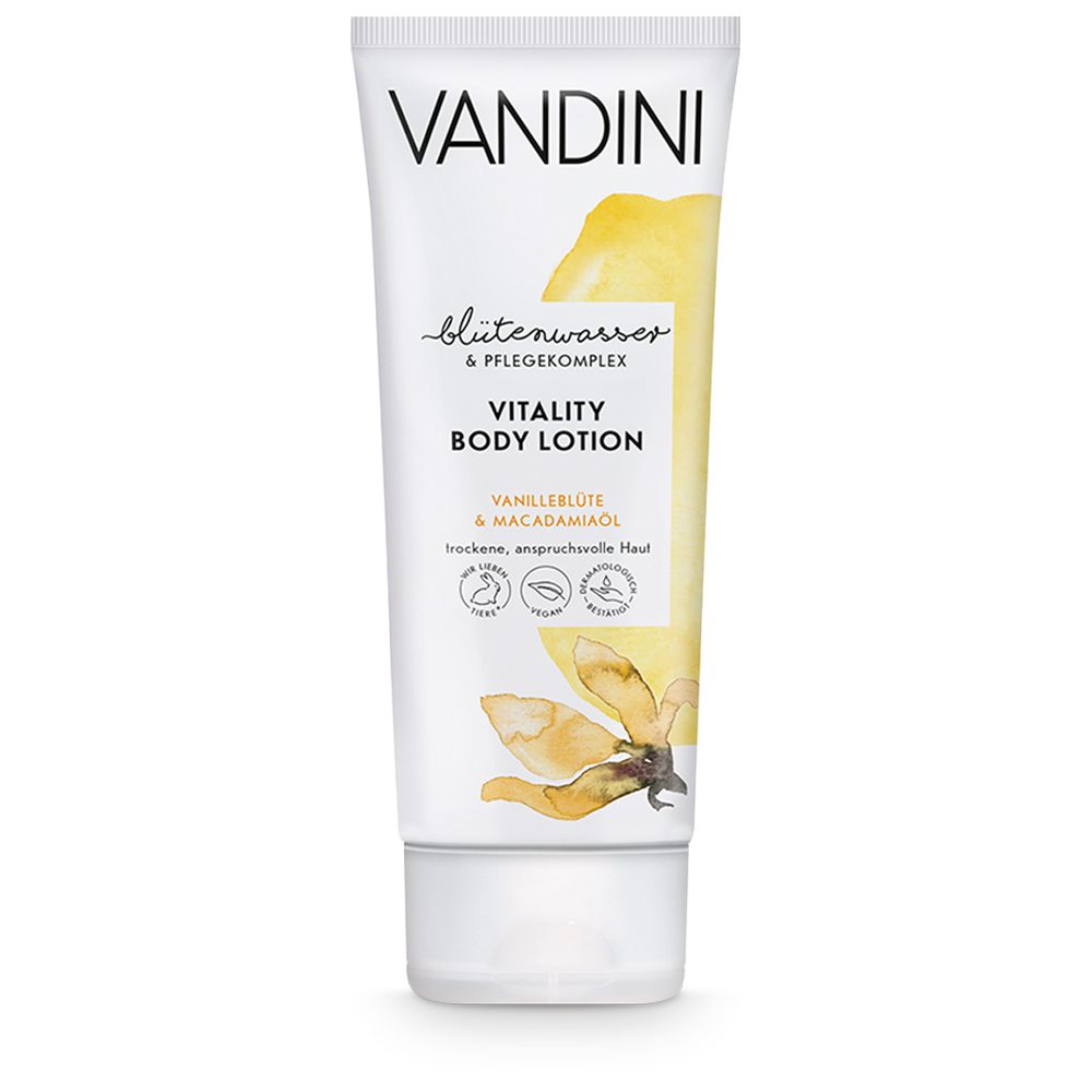 VANDINI Körperlotion Vitality Body Lotion Damen mit Vanilleblüte &  Macadamiaöl - Bodylotion für trockene & anspruchsvolle Haut - vegane  Körperlotion für Frauen ohne Silikone, Parabene & Mineralöl (1x 200 ml),  1-tlg.