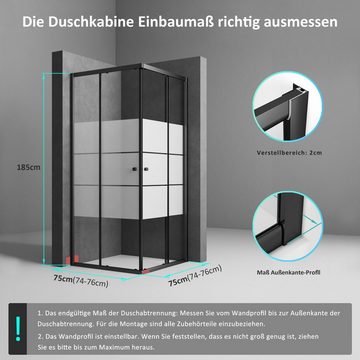 Boromal Dusch-Doppelschiebetür 75x75x185cm Duschkabine Schiebetür Eckeinstieg Duschtür 5mm ESG Glas, 75x185 cm, Einscheibensicherheitsglas, Hochwertiges Rollensystem