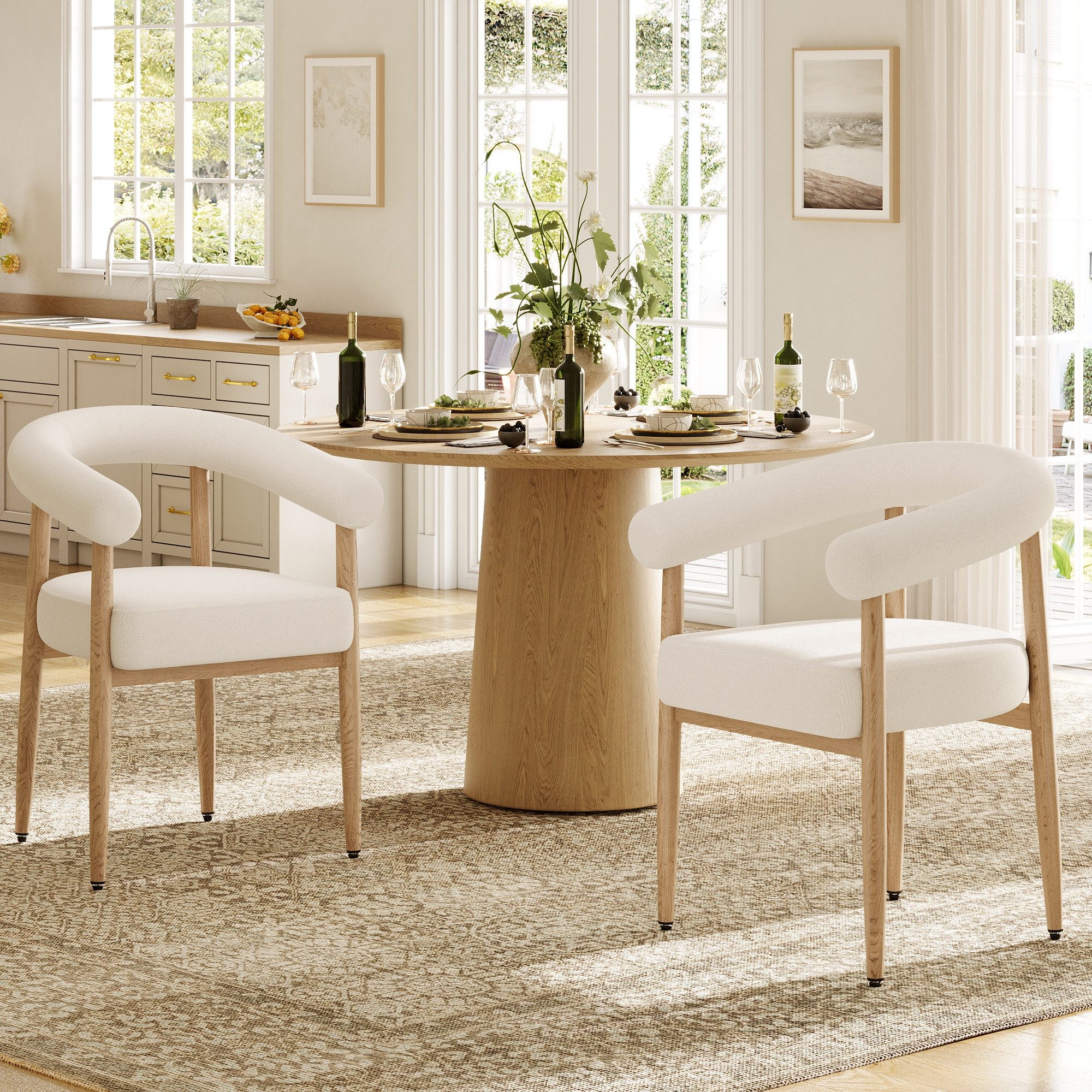 Flieks Esszimmerstuhl Gestell aus Metall in Holzoptik Natur, Bezug aus Plüschstoff (Set, 2 St), 2er Set Polsterstühle Armlehnstuhl Küchenstuhl Wohnzimmer Beige