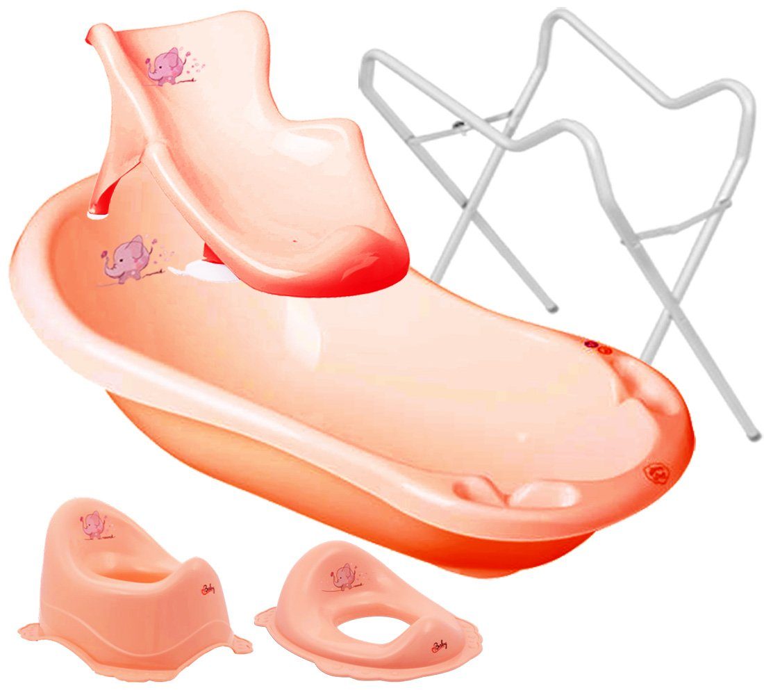 Maltex Babybadewanne 4 Teile SET – Elefant Rosa + Ständer Weiß -Baden, (Made in Europe Premium.set 4 tlg+Ständer), Wanne, Sitz, Topf, WC Aufsatz, Gestell