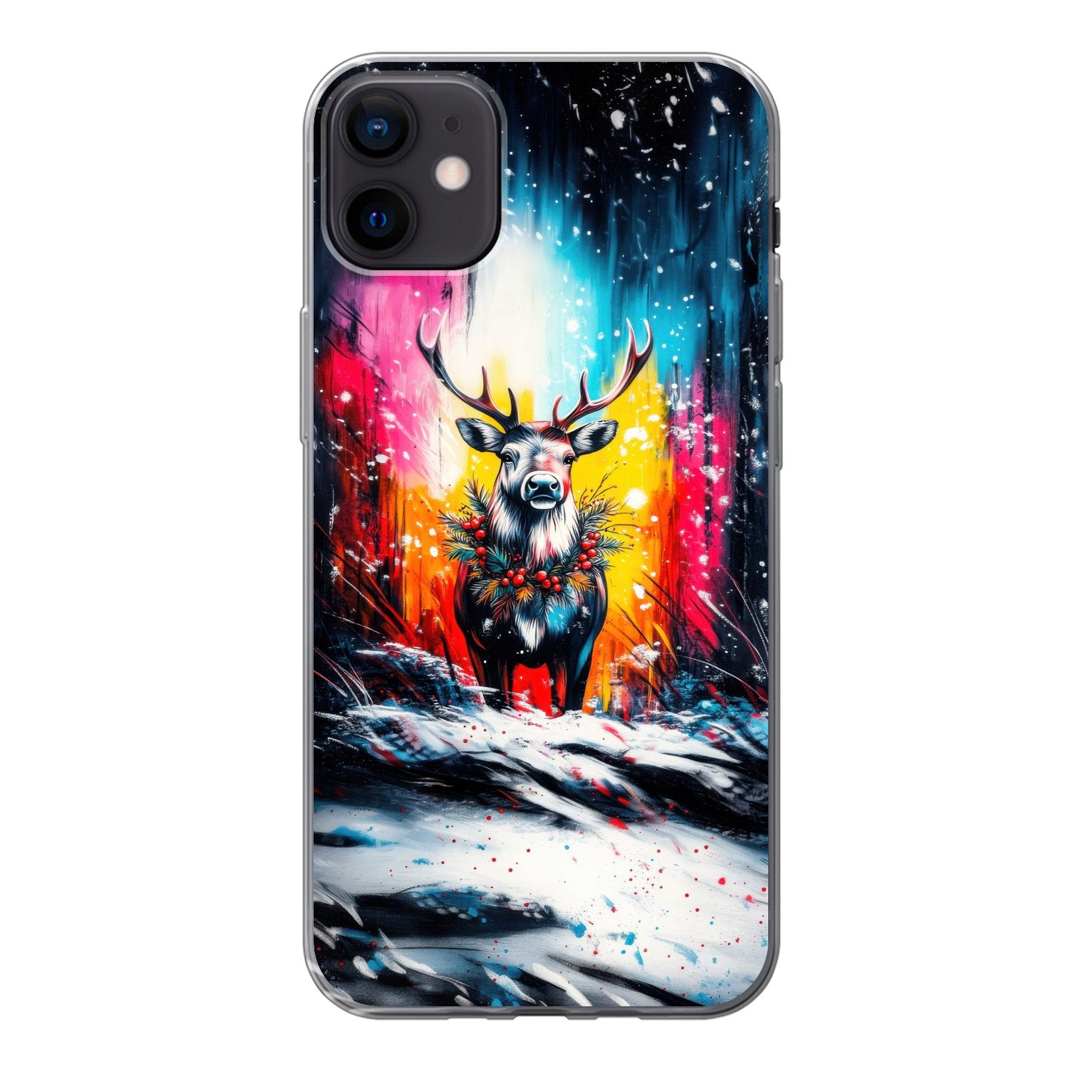 MuchoWow Handyhülle für Apple iPhone 12 Mini Rentier - Geweih - Kranz - Farbenfroh, Smartphone-Bumper, Print, Handy Schutzhülle Dünn