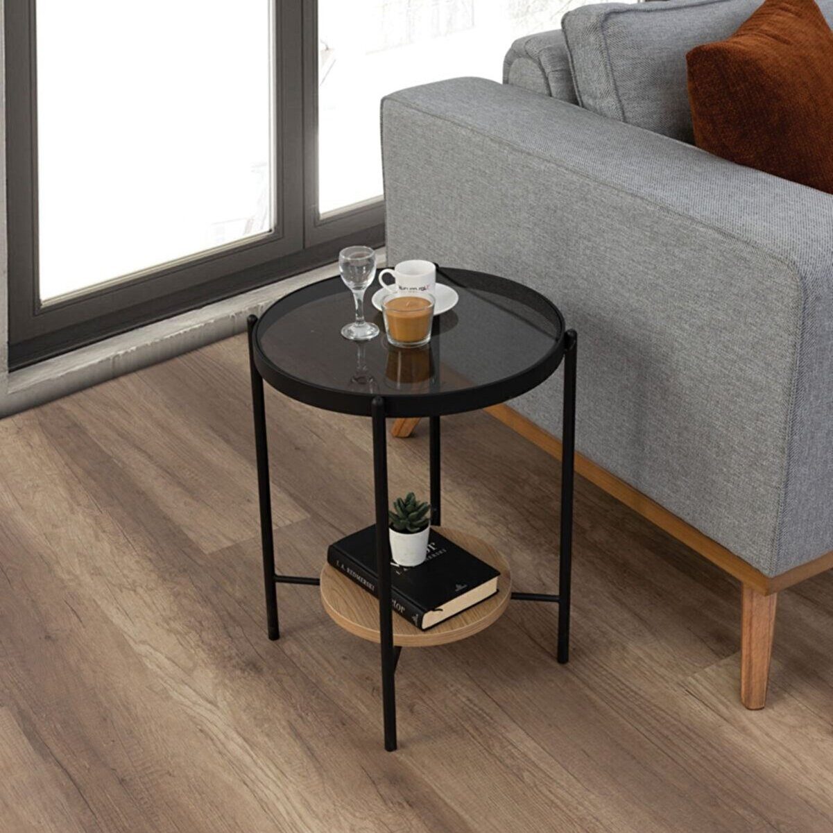 en.casa Beistelltisch (1-St), Runde Tischplatte aus Rauchglas 91332132