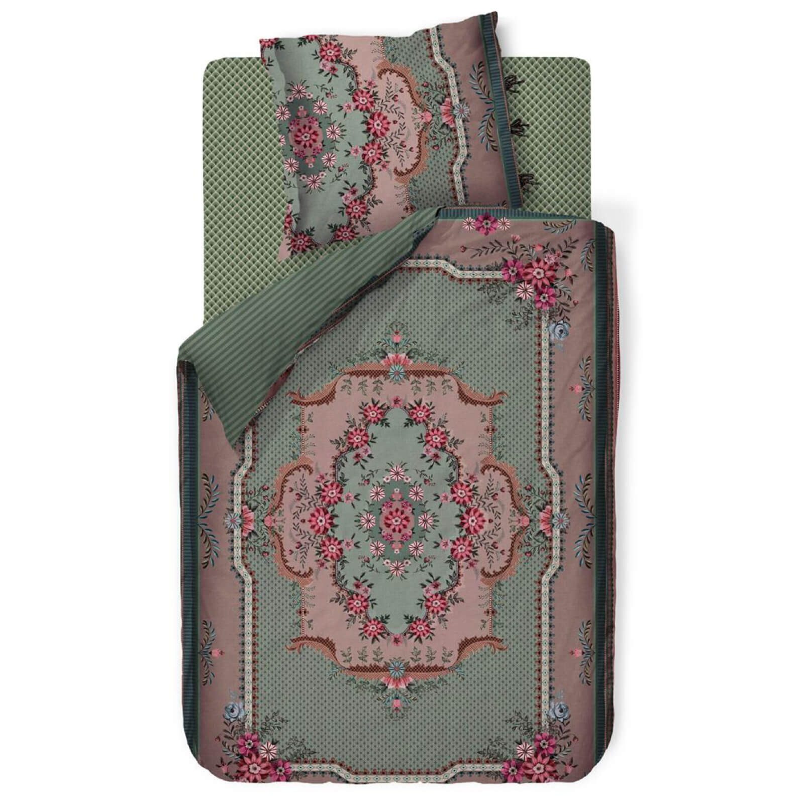 PiP Studio Bettwäsche Pip Chique Grün, Perkal, 3 teilig, Rosetten, Floral, Gestreift