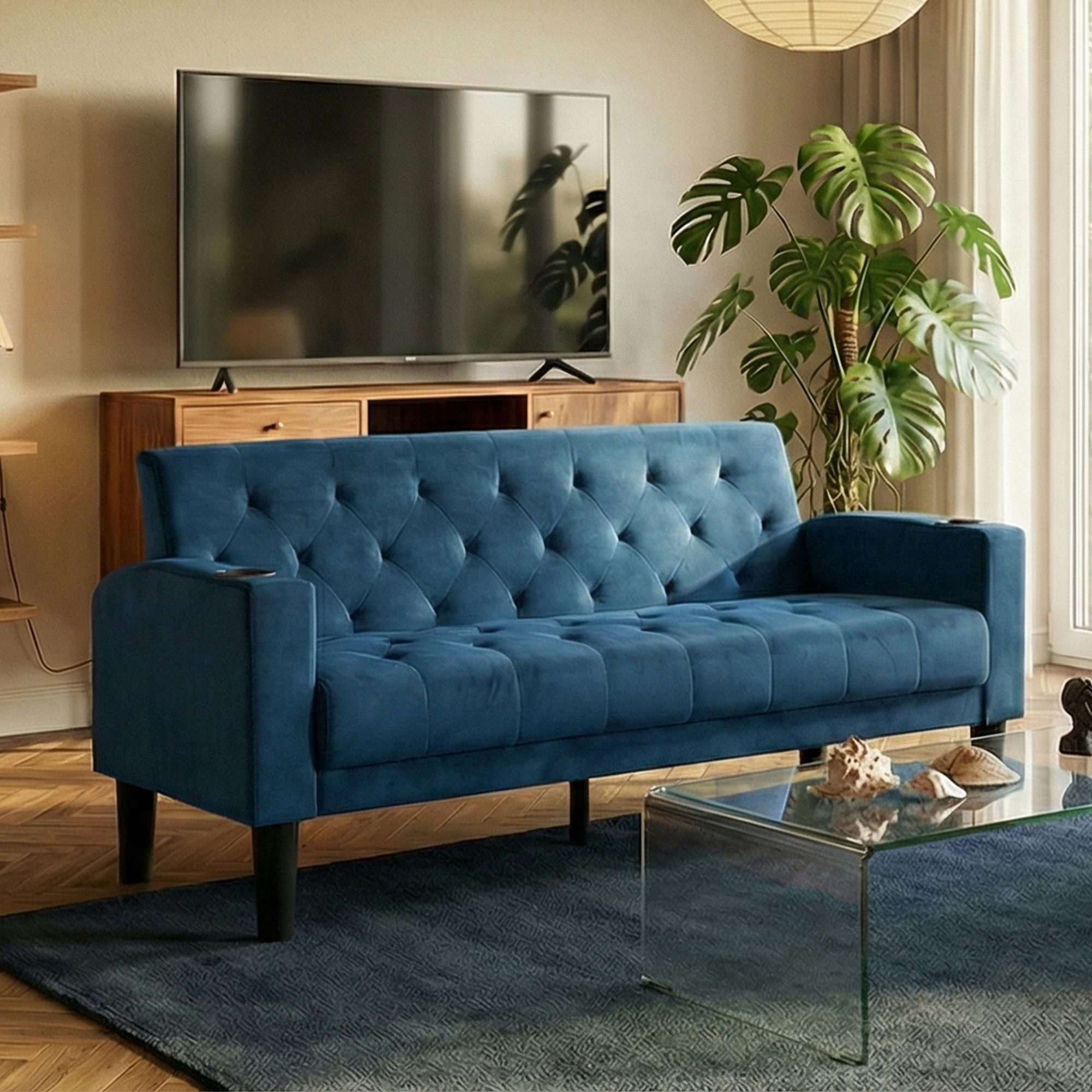 GRAVFORCE Sofa mit Ladeports und Becherhaltern 151cm Blau Samt, 1 Teile, für Wohnzimmer und Büro