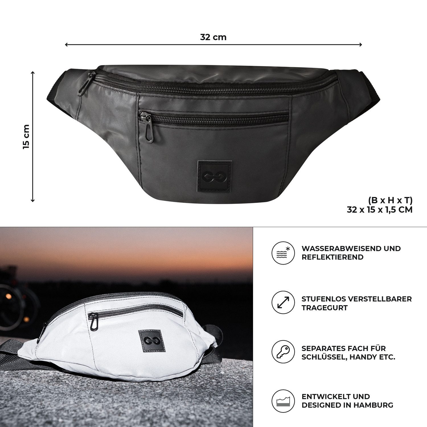 URBAN ZWEIRAD Gürteltasche URBAN ZWEIRAD Wasserabweisend Bauchtasche Damen & Herren schwarz, reflektierend