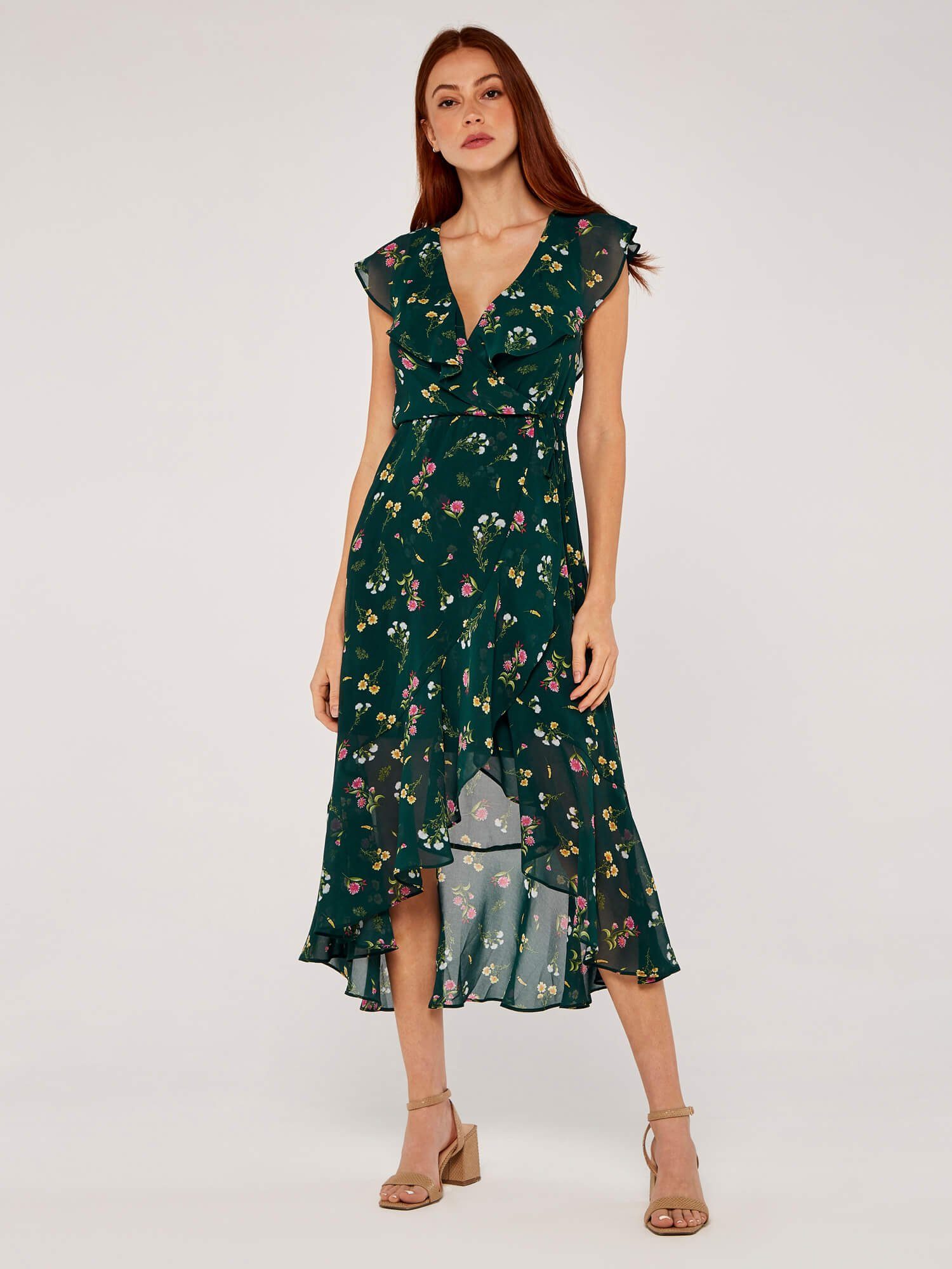 Apricot Midikleid Botanical Ruffle Wrap Midi Dress, in Wickeloptik, mit Blumenmuster