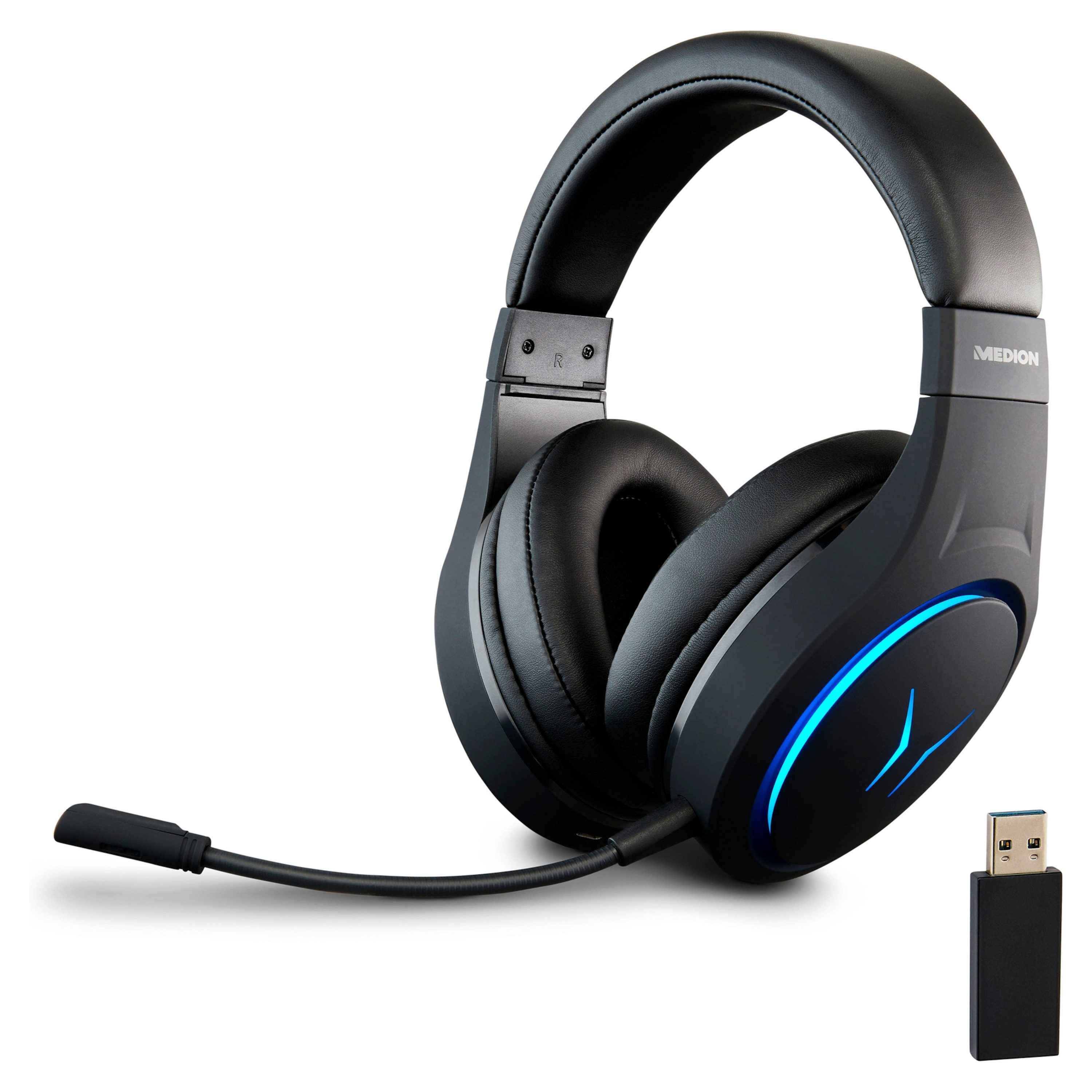 Medion® Gaming Headset MEDION® ERAZER® X83010 (MD88980) Gaming-Headset (Beleuchtet, EIN/AUS-Schalter, Ergonomisch, Gaming, Integriertes Mikrofon, Wiederaufladbar, Kopfhörerbuchse, Lautstärkeregler)