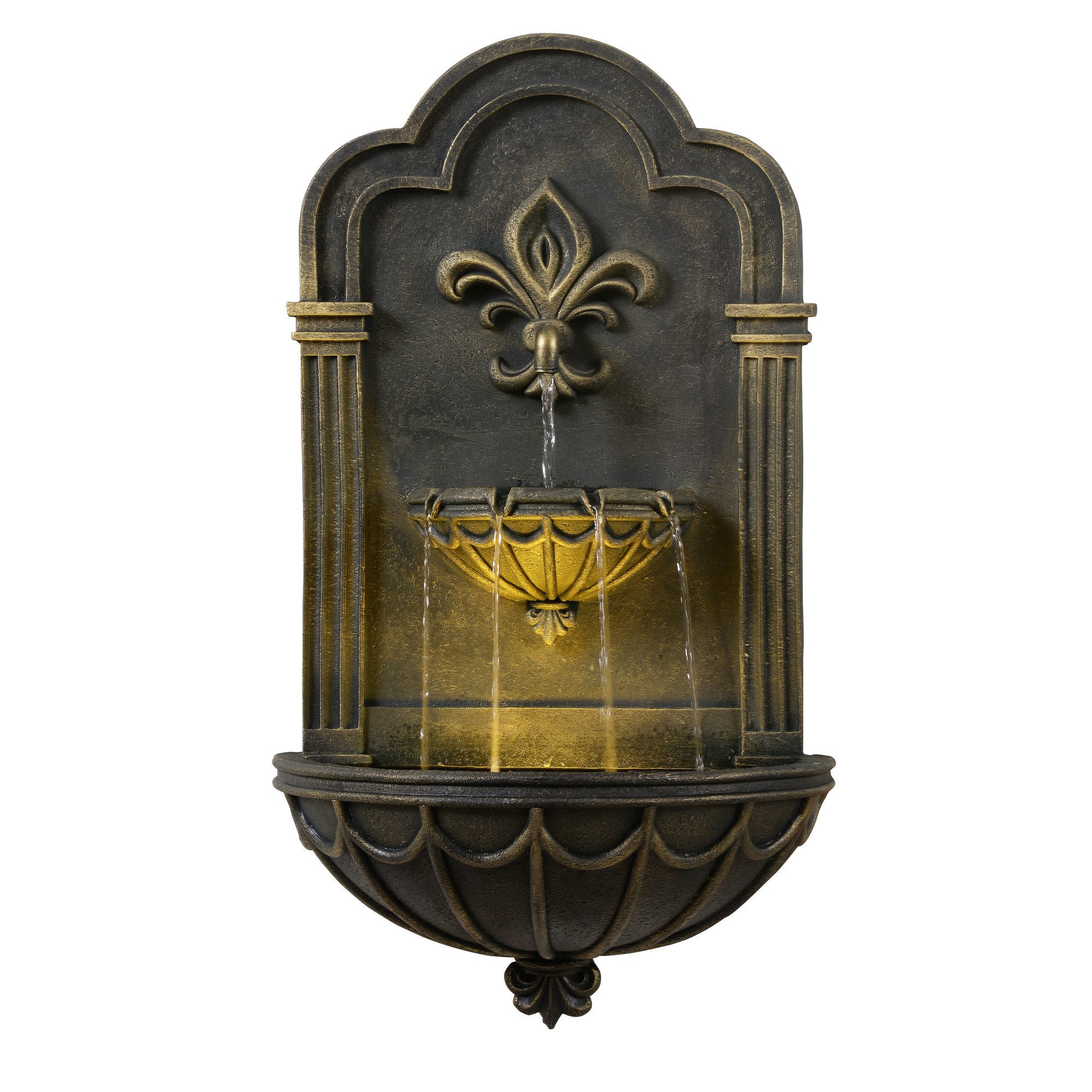 Teamson Home Gartenbrunnen Fleur-de-Lis Wandbrunnen Outdoor mit LED, Schwarz/Gold