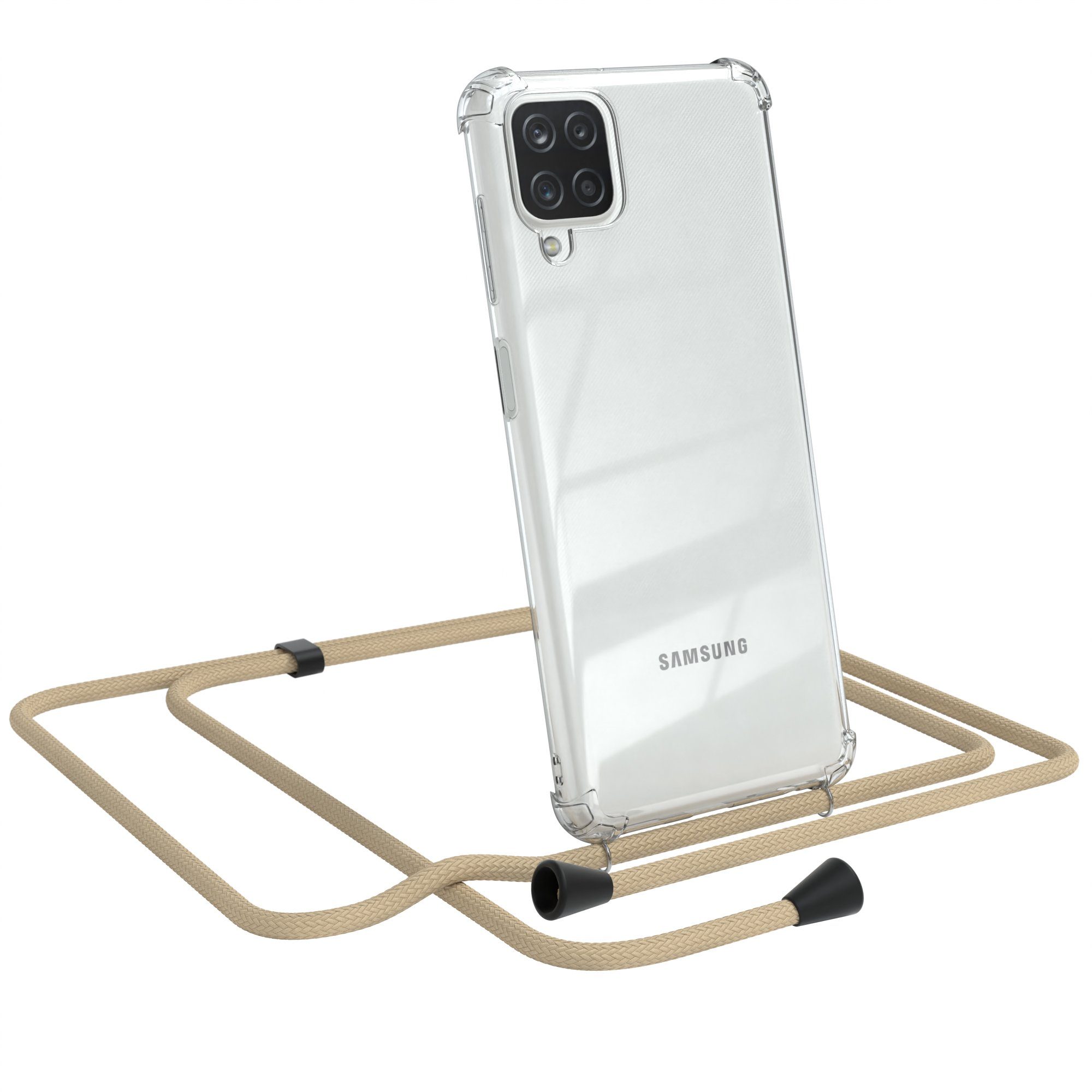 EAZY CASE Handykette Kette Clips Schwarz für Samsung Galaxy A12 6,5 Zoll, Handykordel Umhängetasche für Handy Hülle durchsichtig Beige Taupe