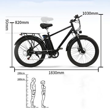 Fangqi E-Bike 26Zoll Elektrofahrrad, Shimano 7-Gang, Herren und Damenfahrrad, 25km/h, 250W Heckmotor, (Unisex-Elektrofahrräder, Fahrräder mit elektrischer Unterstützung, Mit Scheinwerfer, Rücklichter, Kotflügel, Gepäckträger, Reflektoren), Herausnehmbare 48V/15Ah AKKU, Reichweite 100km,passend für 160-190cm