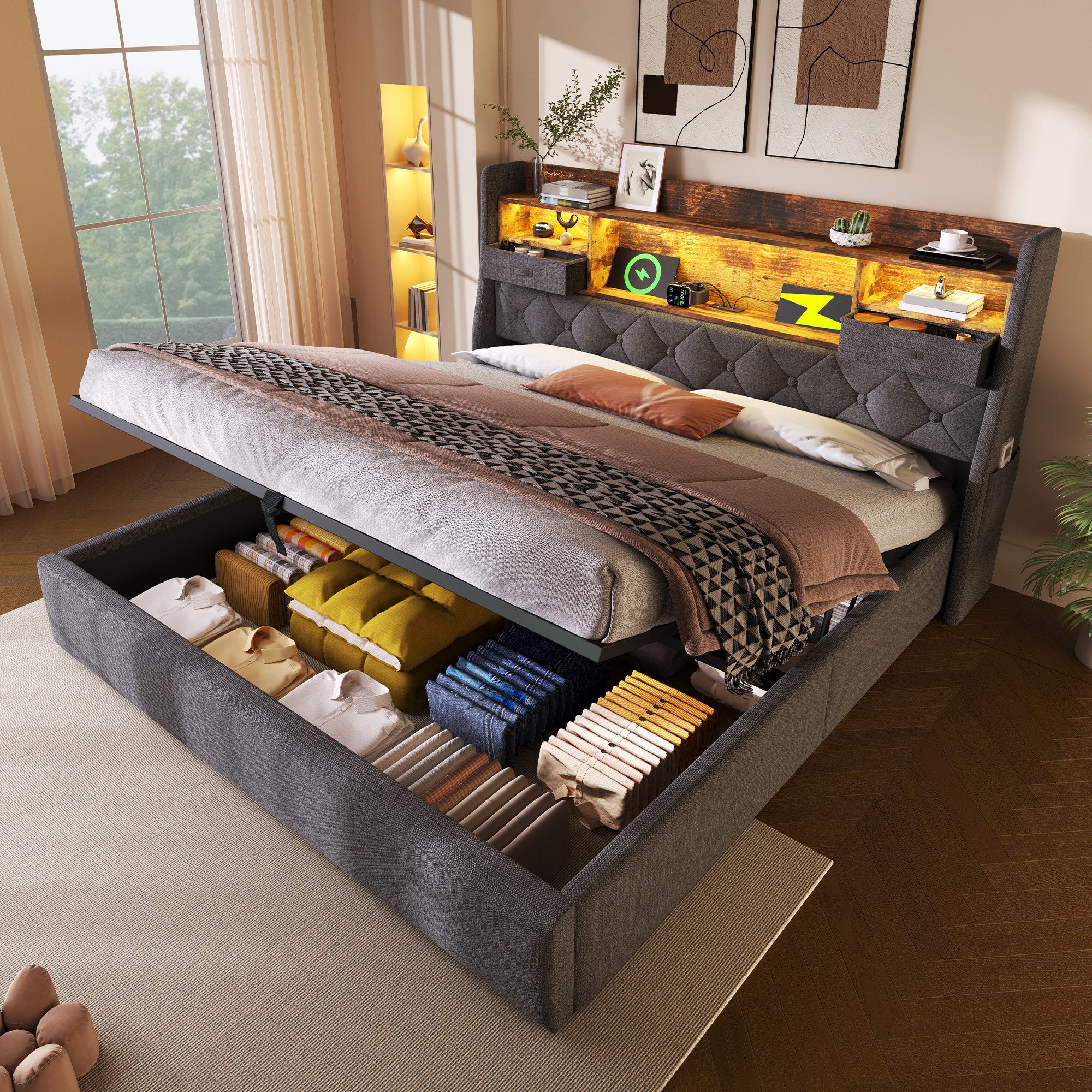 OKWISH Polsterbett mit Hydraulischem Stauraum (Struraumbett, Funktionsbett, günstig online kaufen