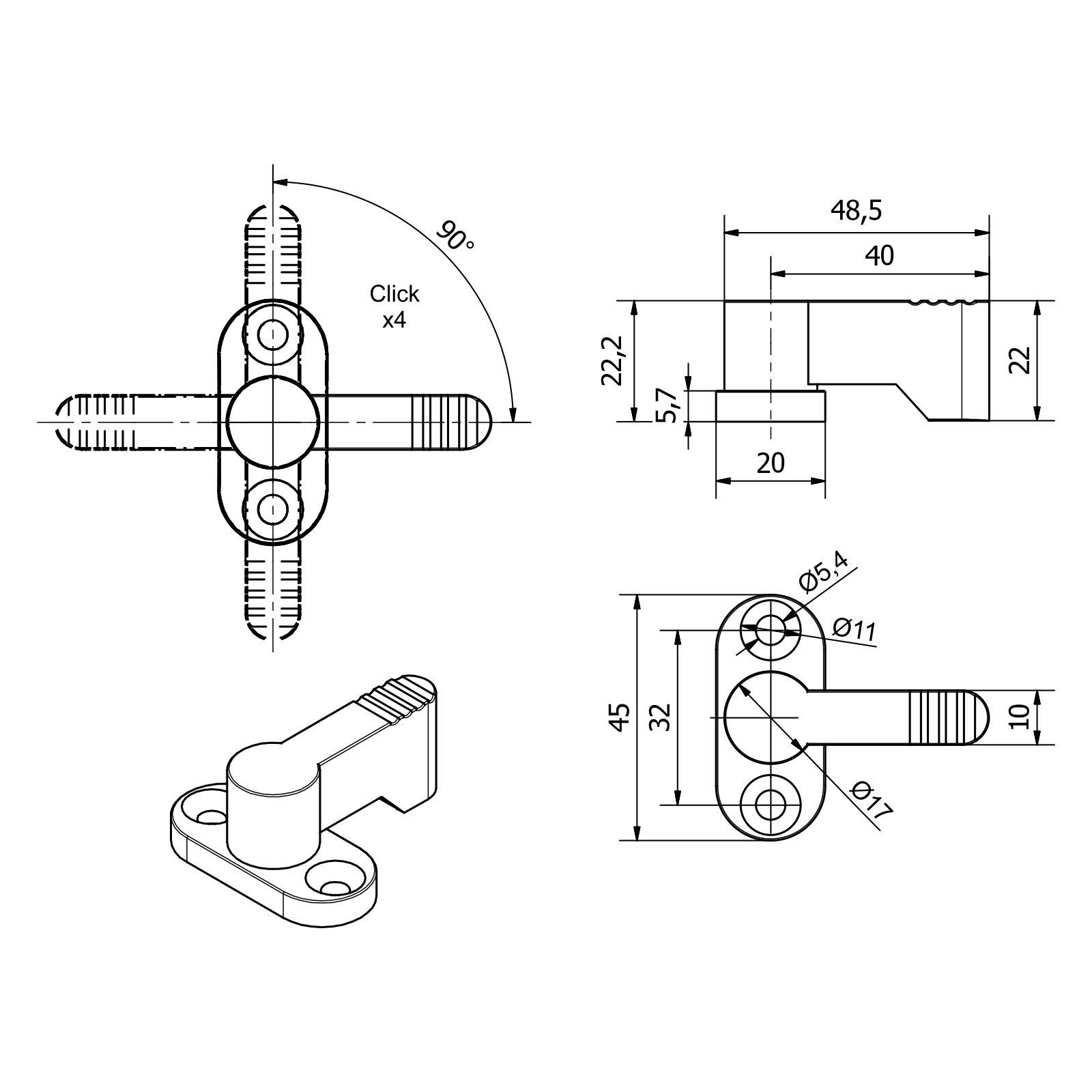 SO-TECH® Möbelbeschlag Drehriegel 4 x 90 Grad Rastbar schwarz zum Anschrauben (1 St), Riegelverschluss
