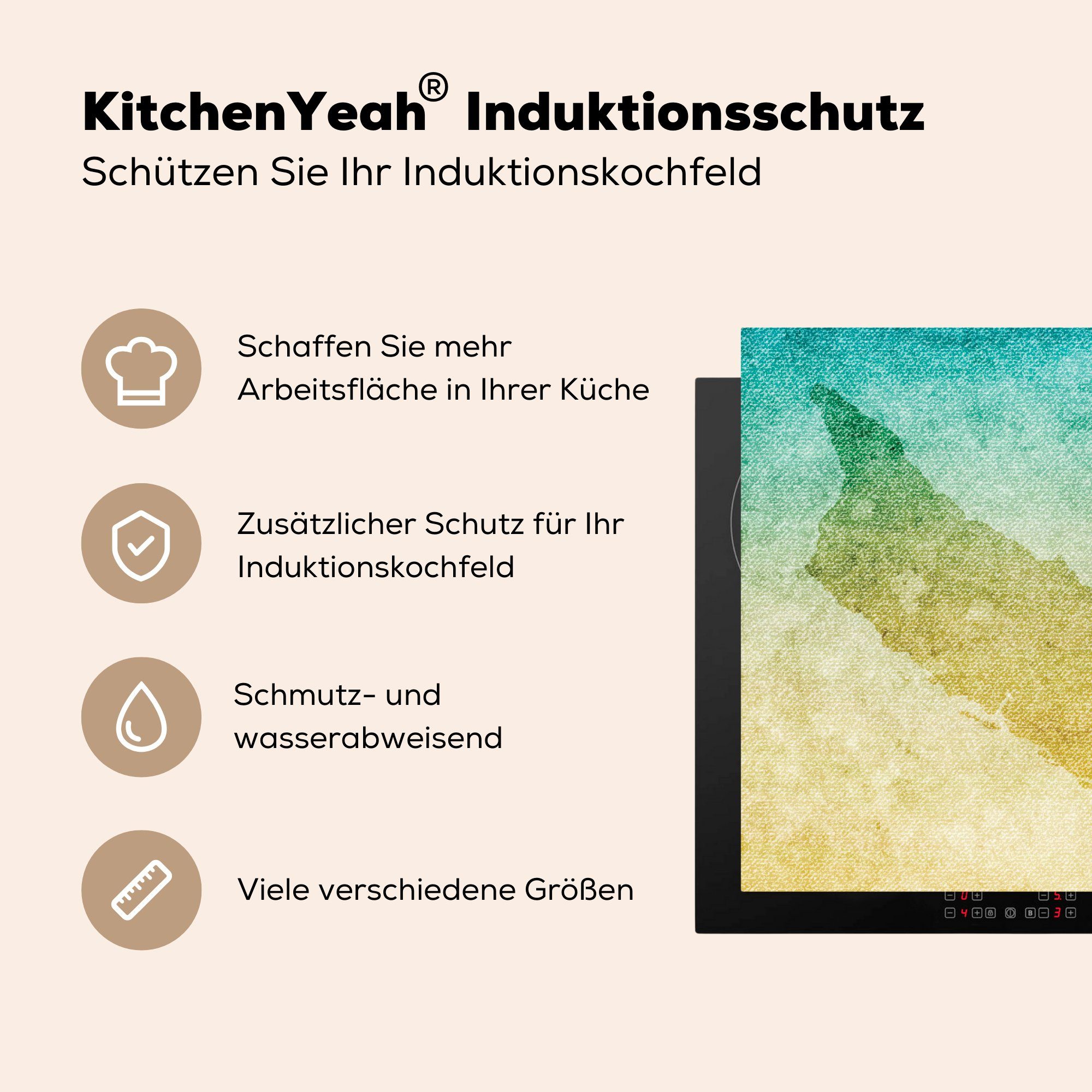 küche Vinyl, Eine Herdblende-/Abdeckplatte für Ceranfeldabdeckung, von (1 Illustration einem Arbeitsplatte Aruba MuchoWow tlg), 78x78 farbigen auf cm, Hintergrund,