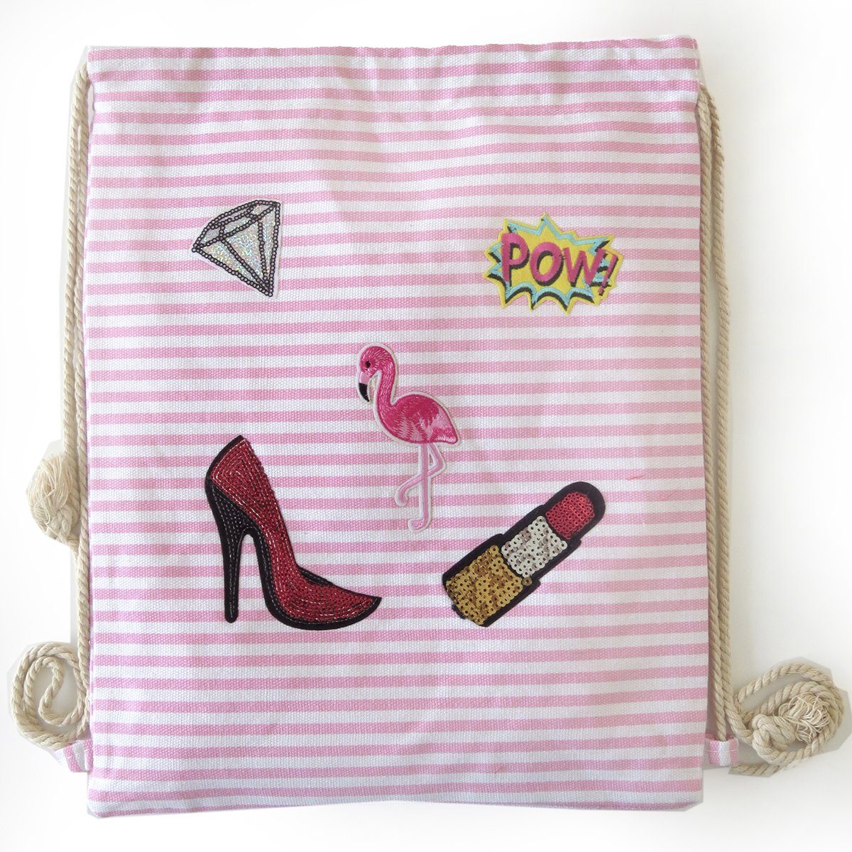 Sonia Originelli abweichen Aufnäher Farben Flamingo Gymbag rosa Umhängetasche gestreift Turnbeutel Patches können Baumwolle,