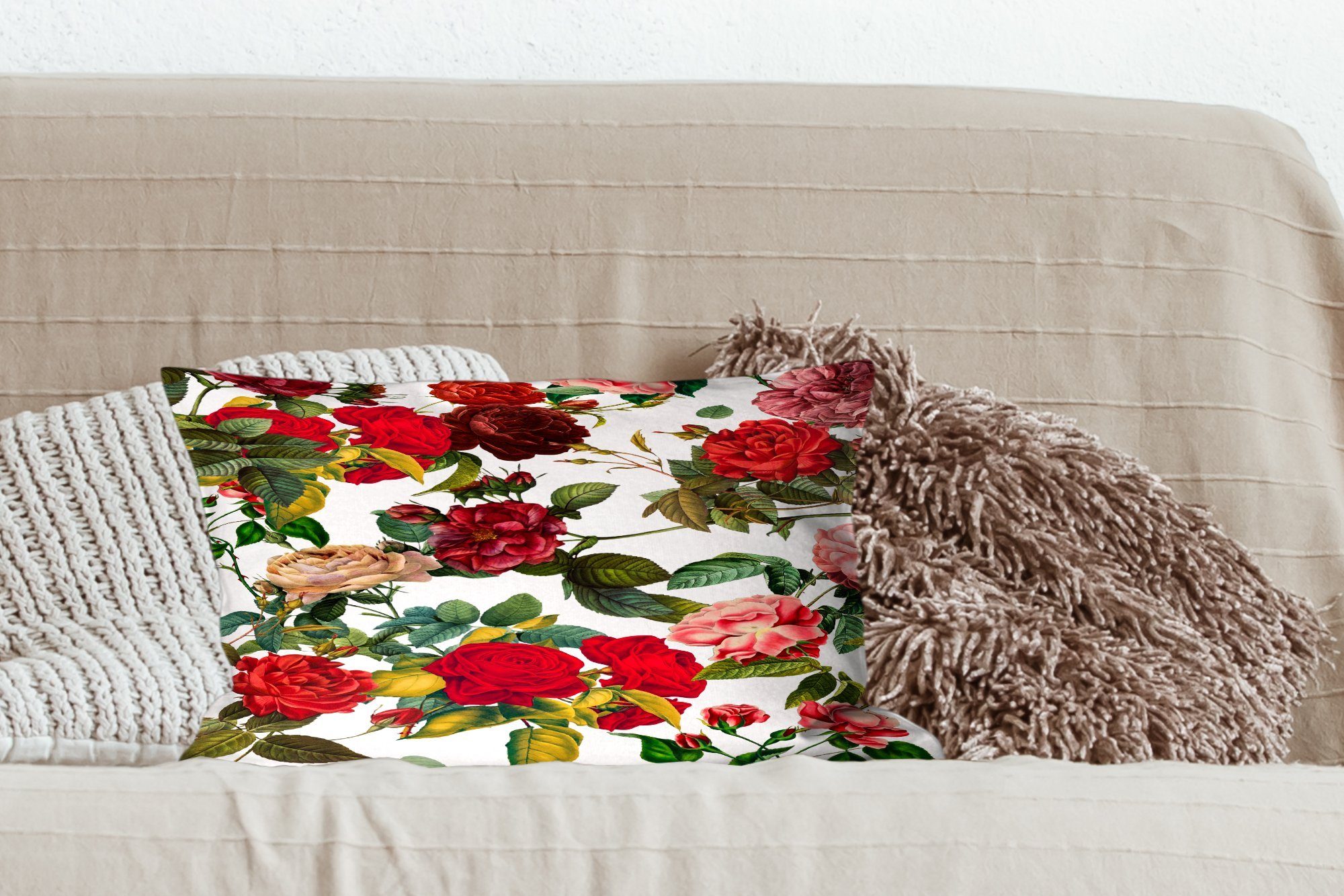 Dekokissen mit Blumen - Rose Zierkissen, Schlafzimmer Wohzimmer Weiß, Dekokissen Füllung, - Dekoration, MuchoWow