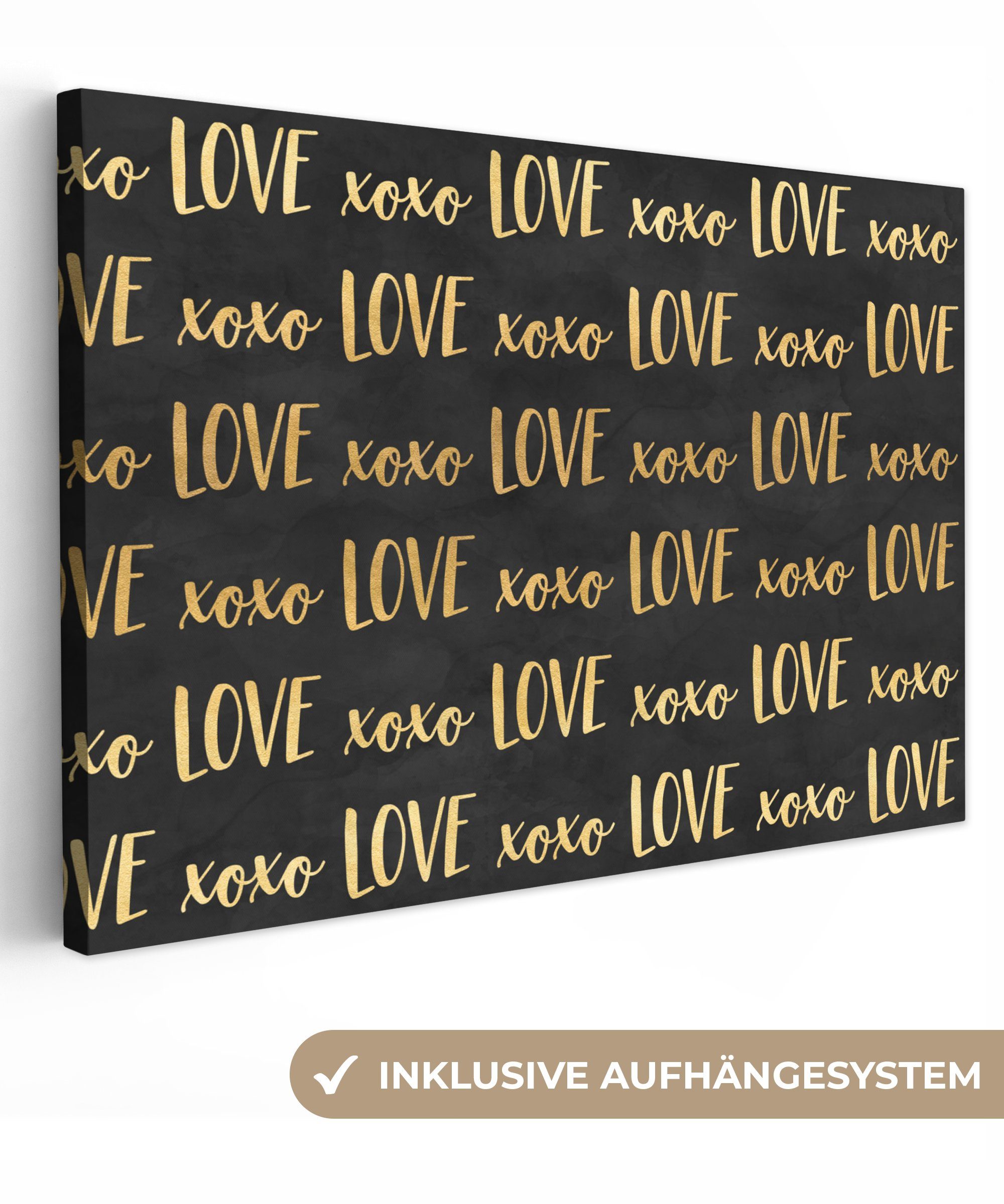 OneMillionCanvasses® Leinwandbild Muster - Liebe - Gold - Schwarz, (1 St), Wandbild Leinwandbilder, Aufhängefertig, Wanddeko, 30x20 cm