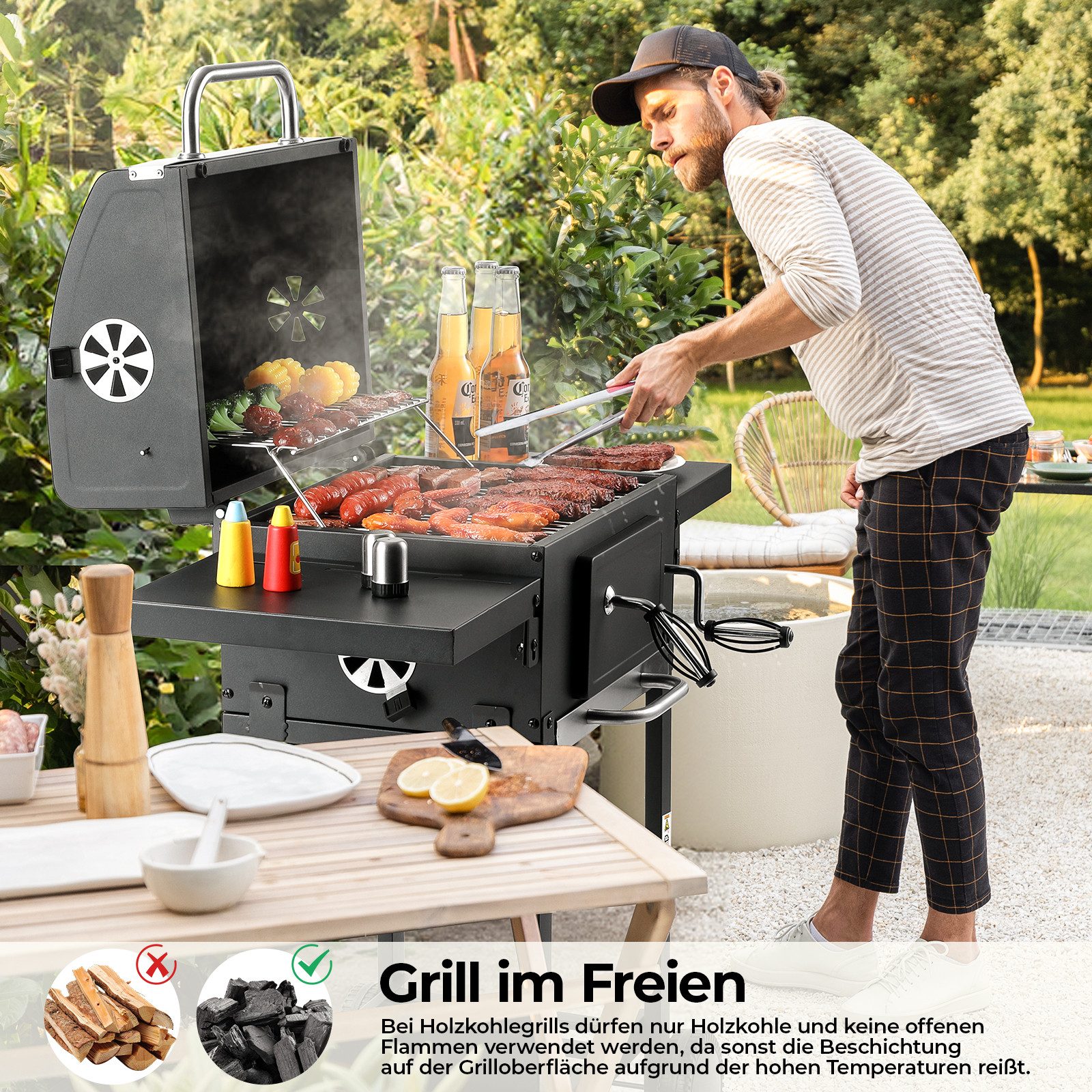 TLGREEN Holzkohlegrill Grill Grillwagen BBQ Smoker, Grillwagen Holzkohle, Höhenverstellbarer Grill, Standgrill für Camping, Garten, 96x98x44,5 cm