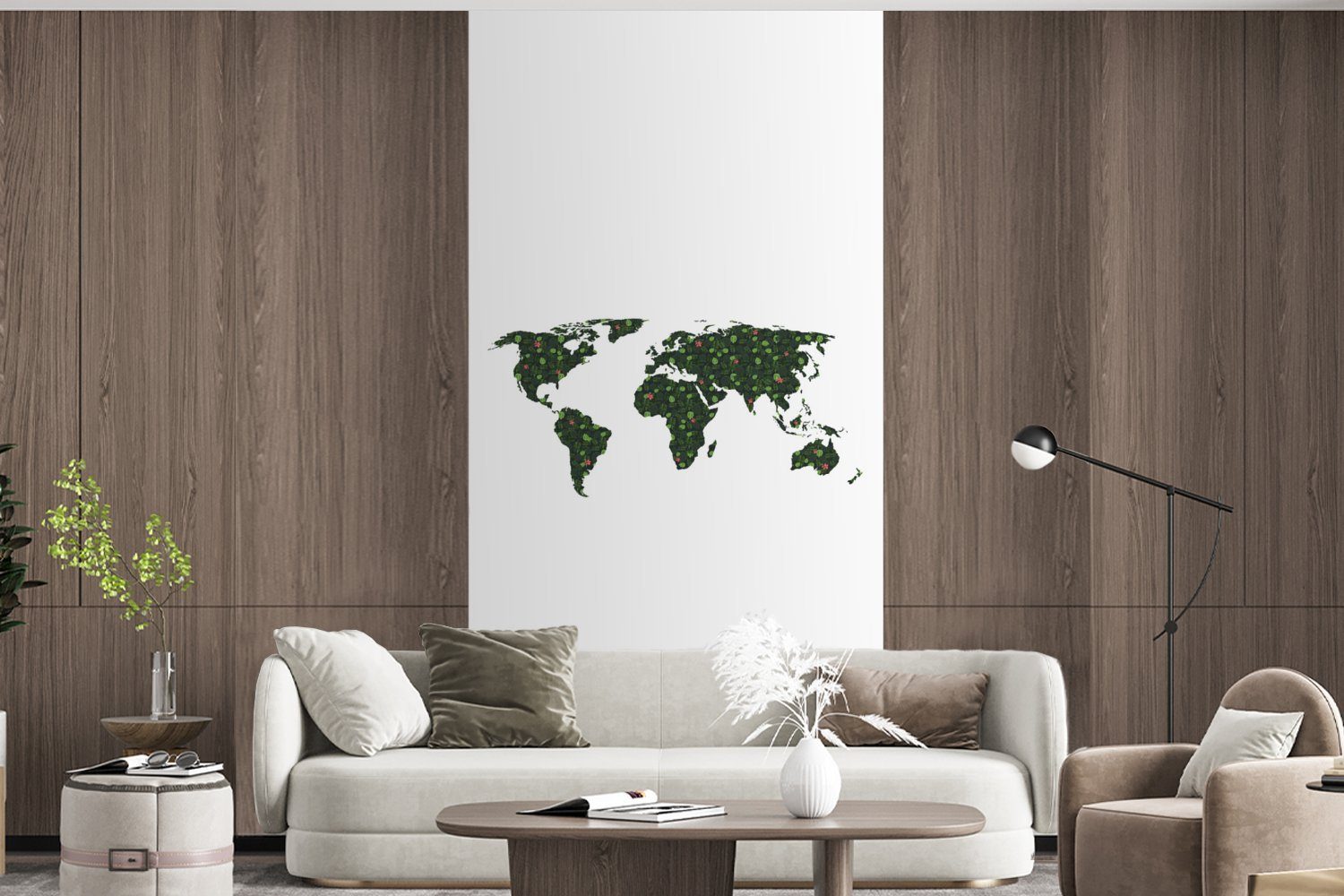 Wohnzimmer Blätter, Matt, MuchoWow Küche, St), Schlafzimmer Fototapete bedruckt, - Weltkarte Grün für Fototapete - (2 Vliestapete