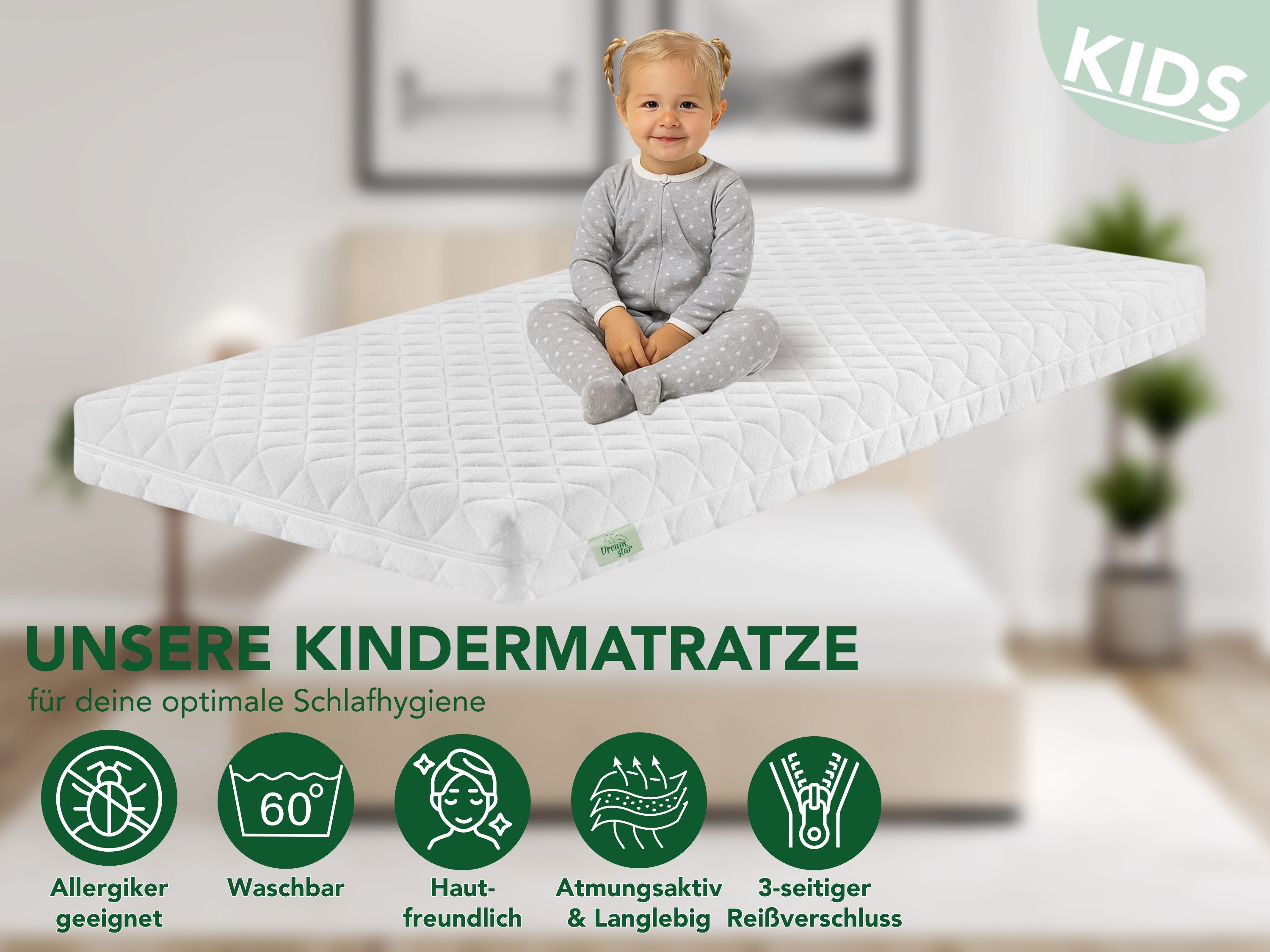 Kindermatratze Babymatratze, Jugendmatratze, Atmungsaktiv & Waschbarer Bezug, Dreamstar, 9 cm hoch, ohne Spannbettlaken (60x120, 70x140, 80x160, 90x200, 120x200, 140x200)