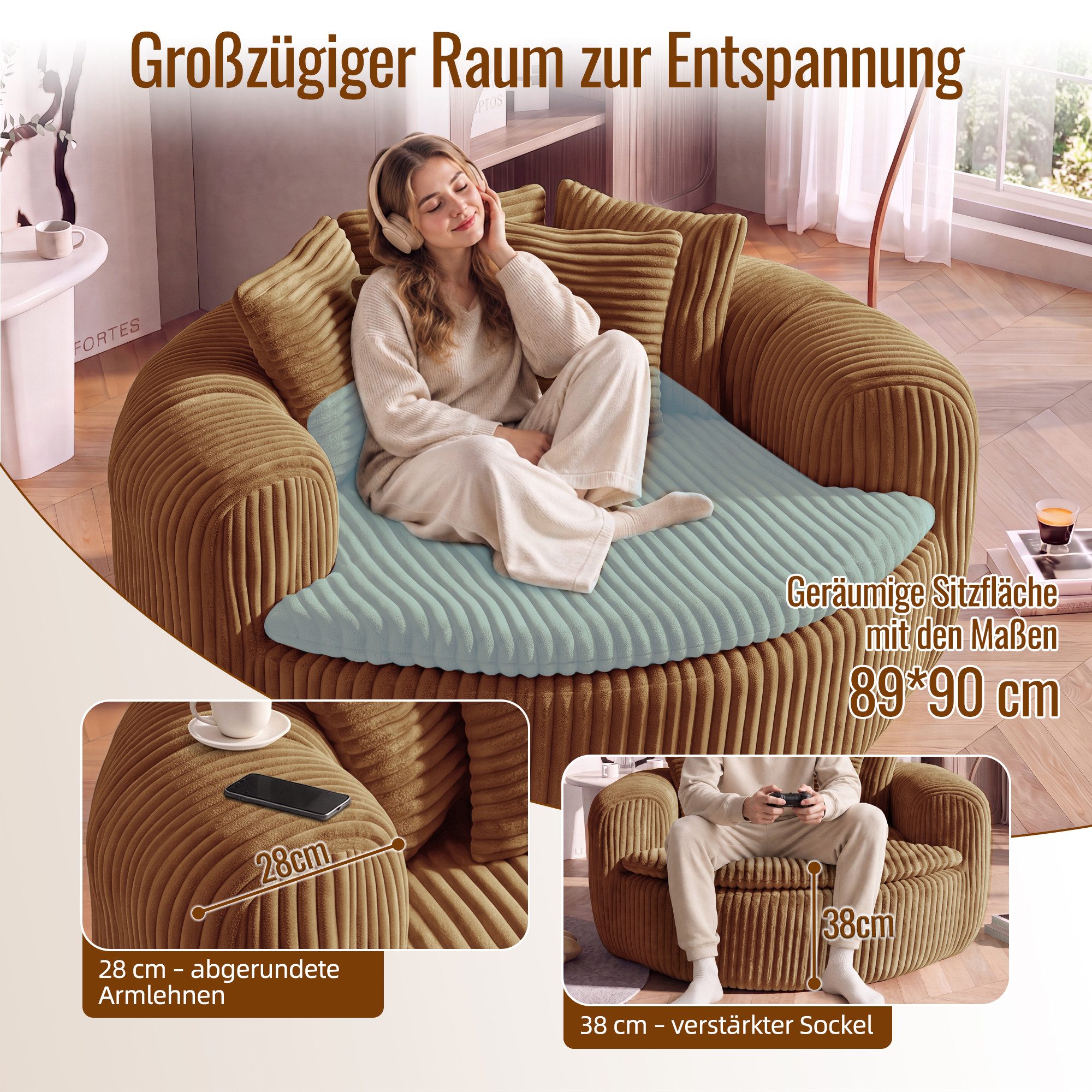 Celya Sitzsack mit gepolstertem tiefem Sitz und fünf Rückenkissen (Loungesessel für Erwachsene, extrabreite umschließende Armlehnen) – Bild 4 von 5
