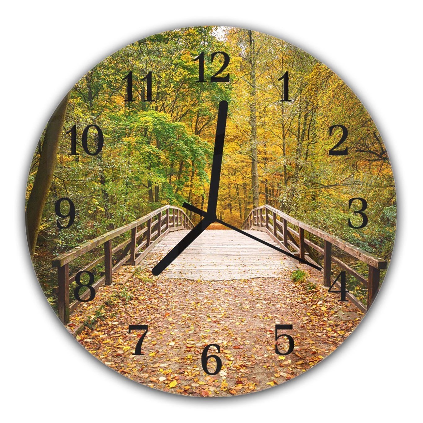 Primedeco Wanduhr Wanduhr aus Glas mit Motiv Brücke im Herbstwald - Rund mit Durchmesser 30 cm und Quarzuhrwerk