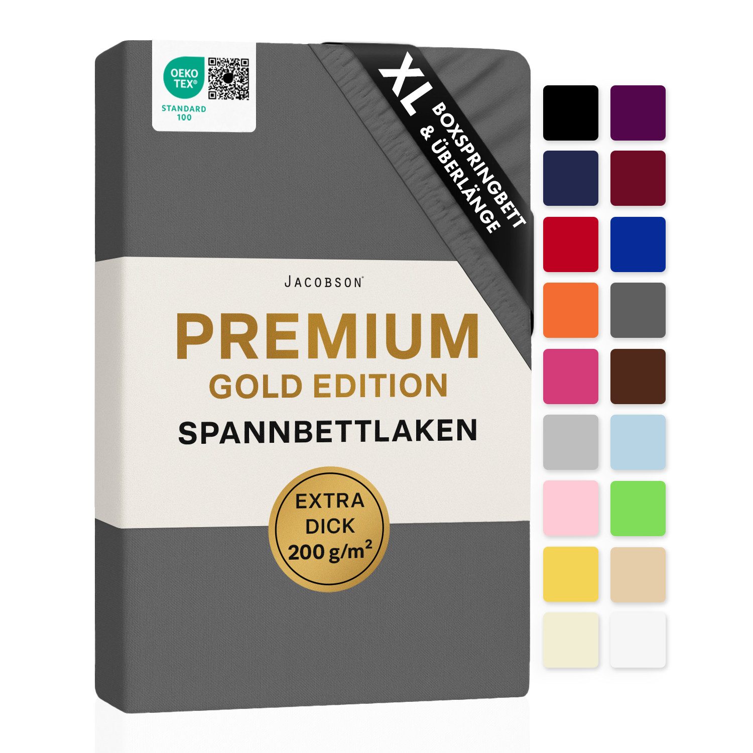 Jacobson Spannbettlaken PREMIUM für hohe Matratzen, Boxspringbett & Überlänge - 200 g/m², Stoffgewicht - straffer Sitz für maximalen Halt