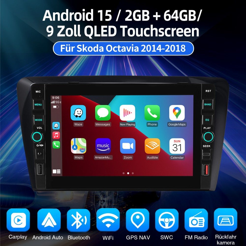 ESSGOO Für Skoda Octavia III 2014-2018 Carplay Android 15 Autoradio Autoradio (RDS, Digitalradio (DAB), FM, AM)